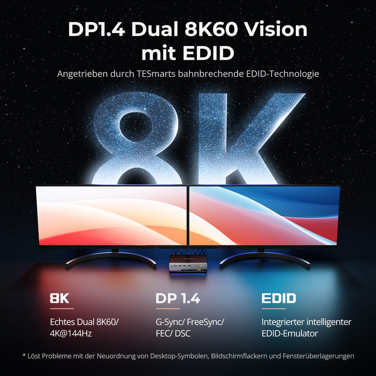 TESmart.DE DKS202-MC24-EUBK Dual Monitor KVM Switcher 2×2 DP-1.4-KVM | 8K60/4K144 & SmartClip DP 1.4 KVM-Switch für 2 PCs – 8K/4K, USB 3.2 & Gigabit LAN | TESmart