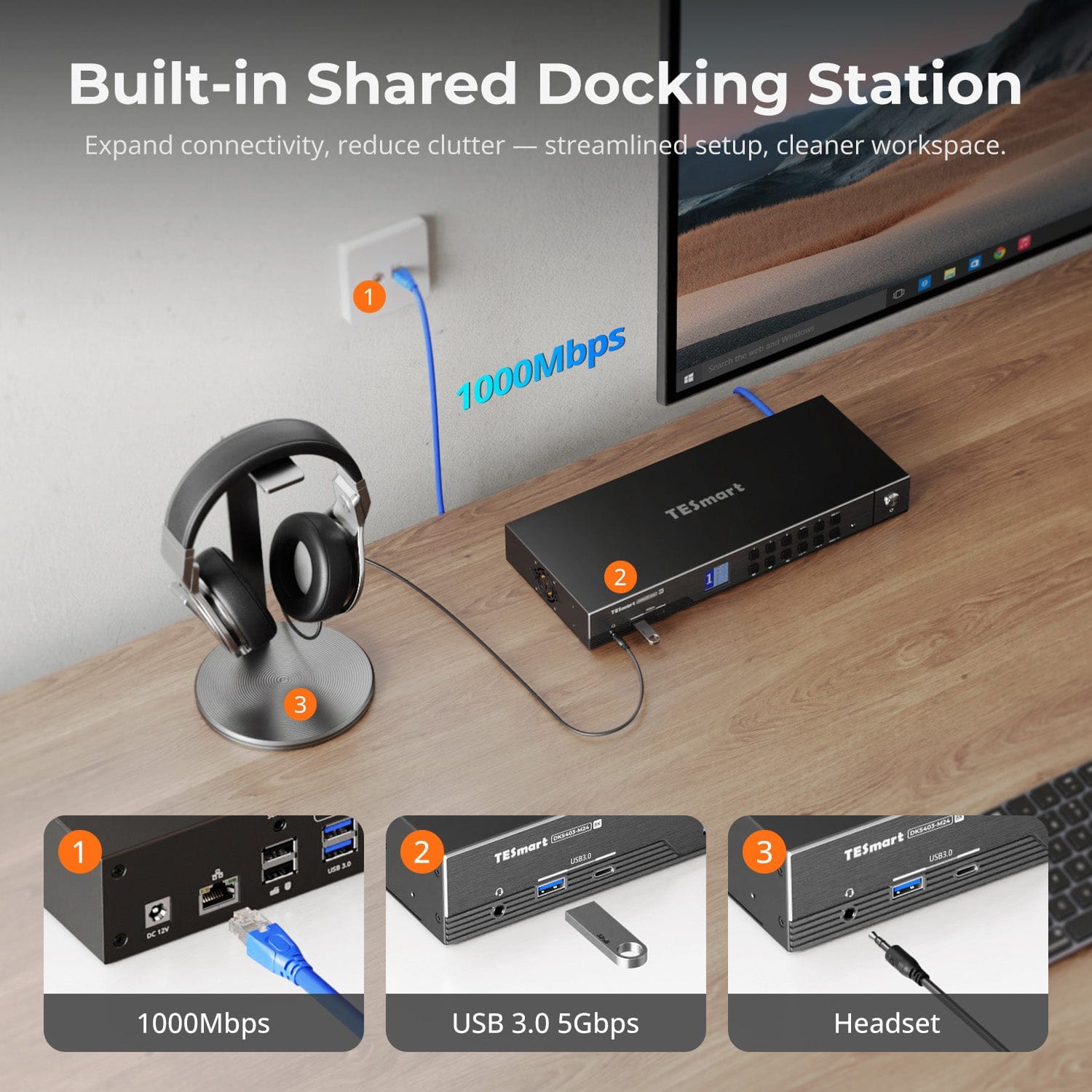 TESmart.DE DKS403-M24-EUBK DP-1.4-Triple-8K@60Hz-KVM-Switch-Hub für 4 PCs & 3 Monitore, mit EDID-Emulation, Audio-/USB-Fokus-Sperre & Multi-Switching. DP-1.4-Triple-8K@60Hz-KVM-Switch-Hub für 4 PCs & 3 Monitore, mit EDID-Emulation, Audio-/USB-Fokus-Sperre & Multi-Switching.