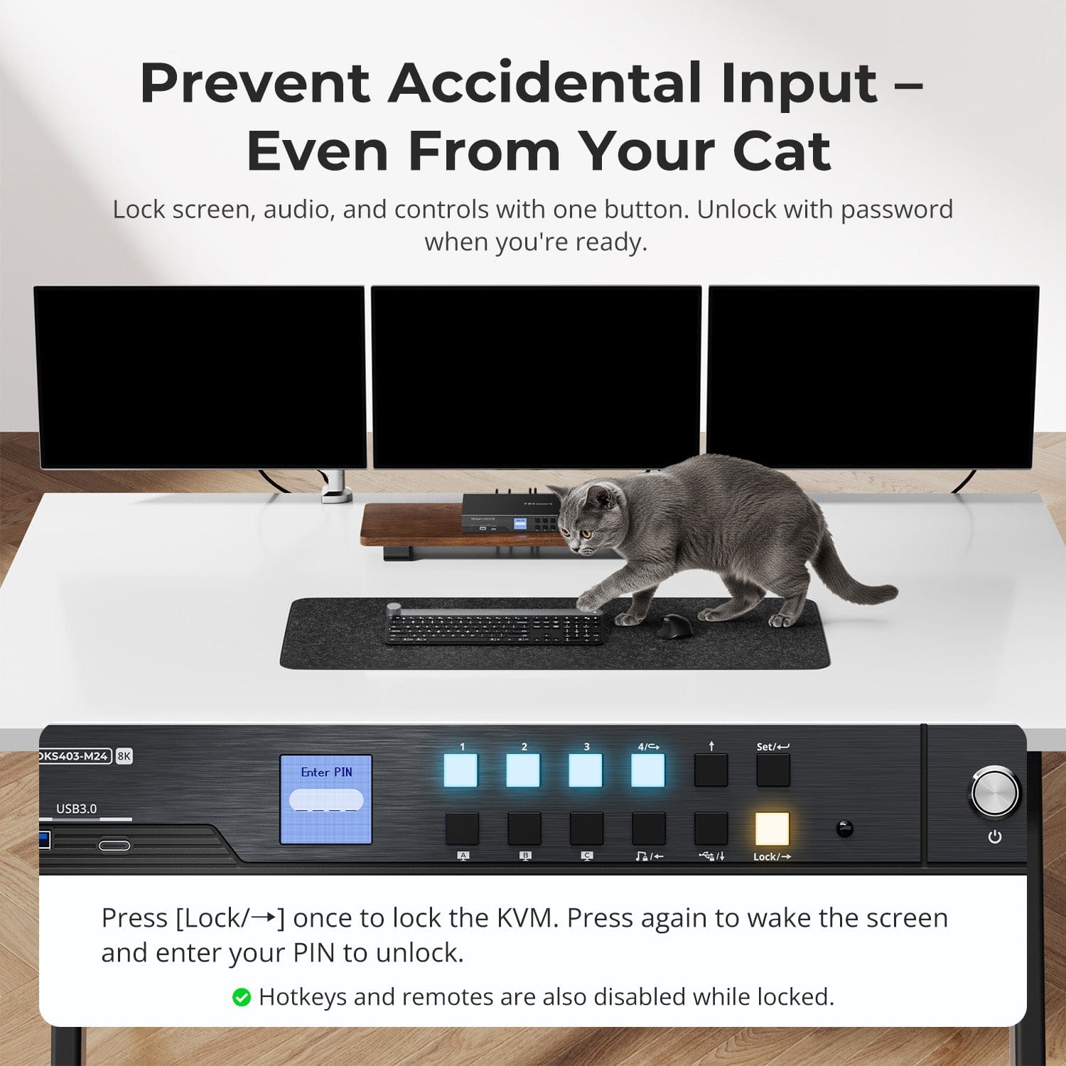 TESmart.DE DKS403-M24-EUBK DP-1.4-Triple-8K@60Hz-KVM-Switch-Hub für 4 PCs & 3 Monitore, mit EDID-Emulation, Audio-/USB-Fokus-Sperre & Multi-Switching. DP-1.4-Triple-8K@60Hz-KVM-Switch-Hub für 4 PCs & 3 Monitore, mit EDID-Emulation, Audio-/USB-Fokus-Sperre & Multi-Switching.
