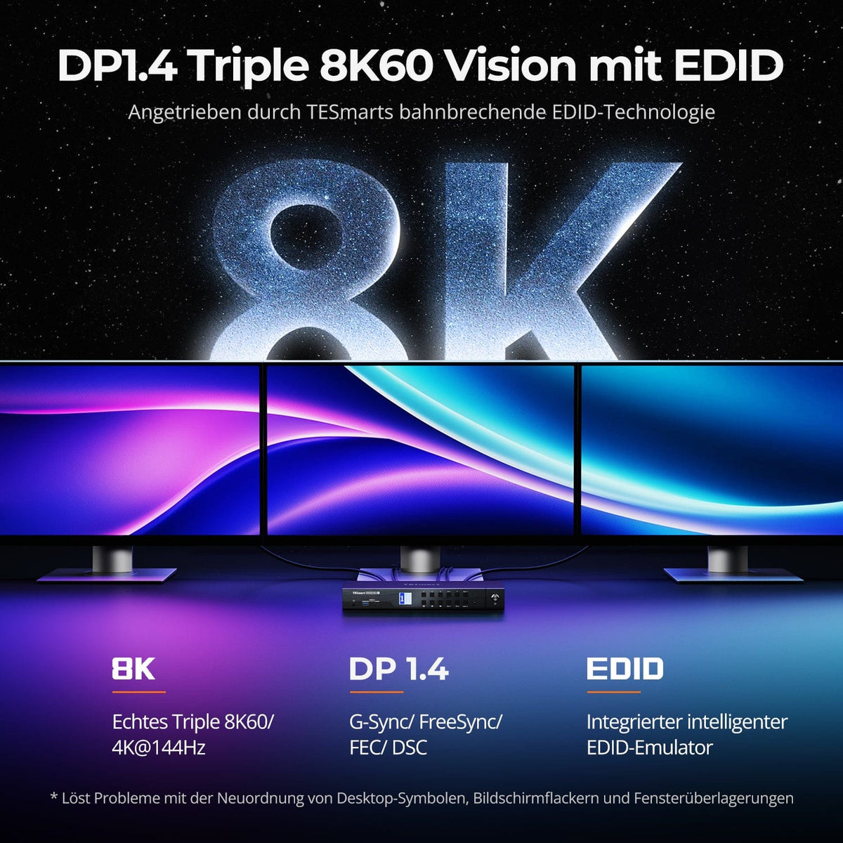 TESmart.DE DKS403-M24-EUBK DP-1.4-Triple-8K@60Hz-KVM-Switch-Hub für 4 PCs & 3 Monitore, mit EDID-Emulation, Audio-/USB-Fokus-Sperre & Multi-Switching. DP-1.4-Triple-8K@60Hz-KVM-Switch-Hub für 4 PCs & 3 Monitore, mit EDID-Emulation, Audio-/USB-Fokus-Sperre & Multi-Switching.