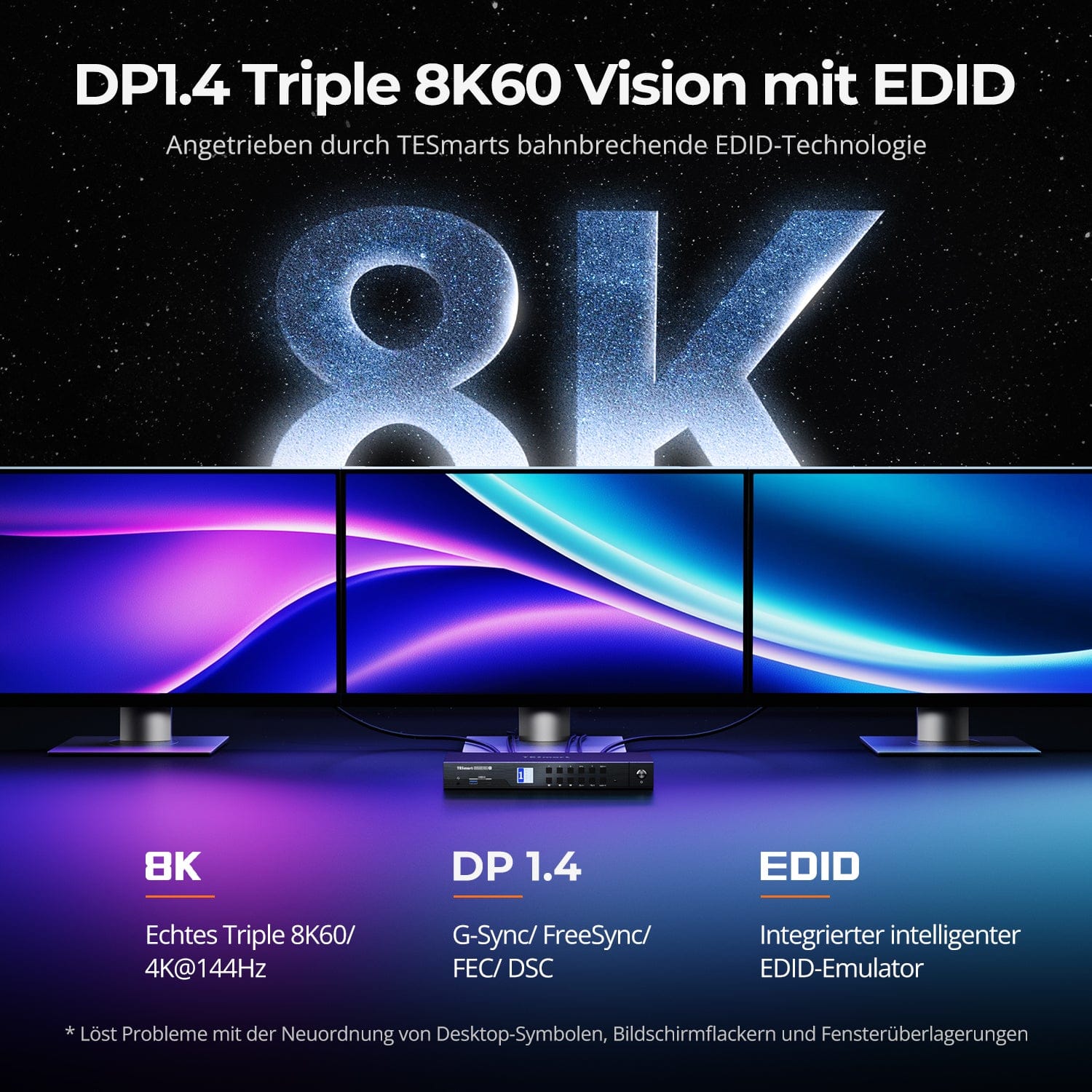 TESmart.DE DKS403-M24-EUBK DP-1.4-Triple-8K@60Hz-KVM-Switch-Hub für 4 PCs & 3 Monitore, mit EDID-Emulation, Audio-/USB-Fokus-Sperre & Multi-Switching. DP-1.4-Triple-8K@60Hz-KVM-Switch-Hub für 4 PCs & 3 Monitore, mit EDID-Emulation, Audio-/USB-Fokus-Sperre & Multi-Switching.