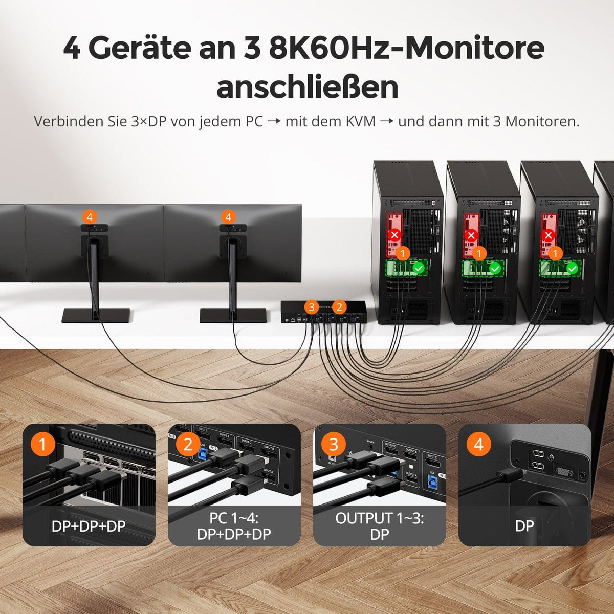 TESmart.DE DKS403-M24-EUBK DP-1.4-Triple-8K@60Hz-KVM-Switch-Hub für 4 PCs & 3 Monitore, mit EDID-Emulation, Audio-/USB-Fokus-Sperre & Multi-Switching. DP-1.4-Triple-8K@60Hz-KVM-Switch-Hub für 4 PCs & 3 Monitore, mit EDID-Emulation, Audio-/USB-Fokus-Sperre & Multi-Switching.