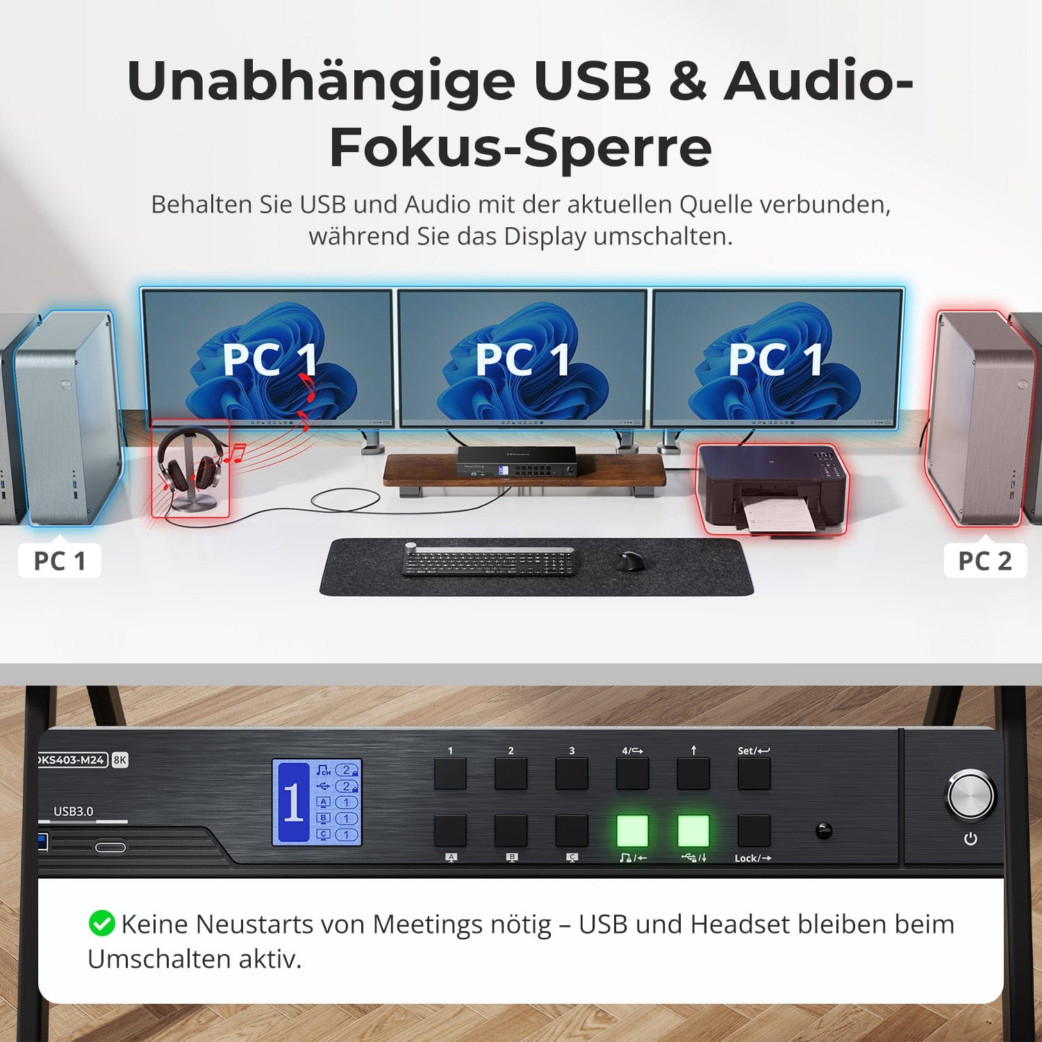 TESmart.DE DKS403-M24-EUBK DP-1.4-Triple-8K@60Hz-KVM-Switch-Hub für 4 PCs & 3 Monitore, mit EDID-Emulation, Audio-/USB-Fokus-Sperre & Multi-Switching. DP-1.4-Triple-8K@60Hz-KVM-Switch-Hub für 4 PCs & 3 Monitore, mit EDID-Emulation, Audio-/USB-Fokus-Sperre & Multi-Switching.