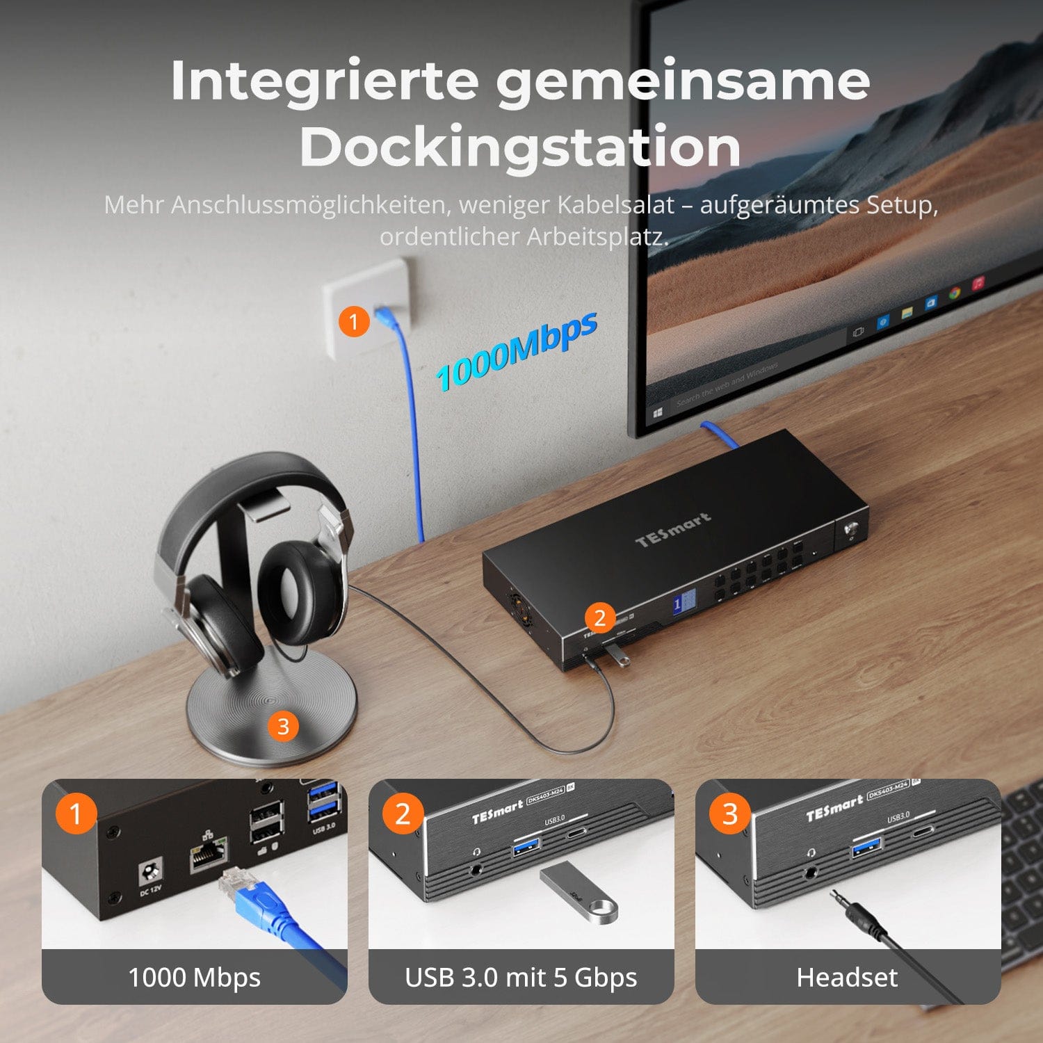 TESmart.DE DKS403-M24-EUBK DP-1.4-Triple-8K@60Hz-KVM-Switch-Hub für 4 PCs & 3 Monitore, mit EDID-Emulation, Audio-/USB-Fokus-Sperre & Multi-Switching. DP-1.4-Triple-8K@60Hz-KVM-Switch-Hub für 4 PCs & 3 Monitore, mit EDID-Emulation, Audio-/USB-Fokus-Sperre & Multi-Switching.
