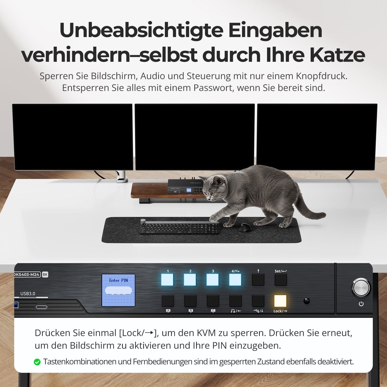 TESmart.DE DKS403-M24-EUBK DP-1.4-Triple-8K@60Hz-KVM-Switch-Hub für 4 PCs & 3 Monitore, mit EDID-Emulation, Audio-/USB-Fokus-Sperre & Multi-Switching. DP-1.4-Triple-8K@60Hz-KVM-Switch-Hub für 4 PCs & 3 Monitore, mit EDID-Emulation, Audio-/USB-Fokus-Sperre & Multi-Switching.