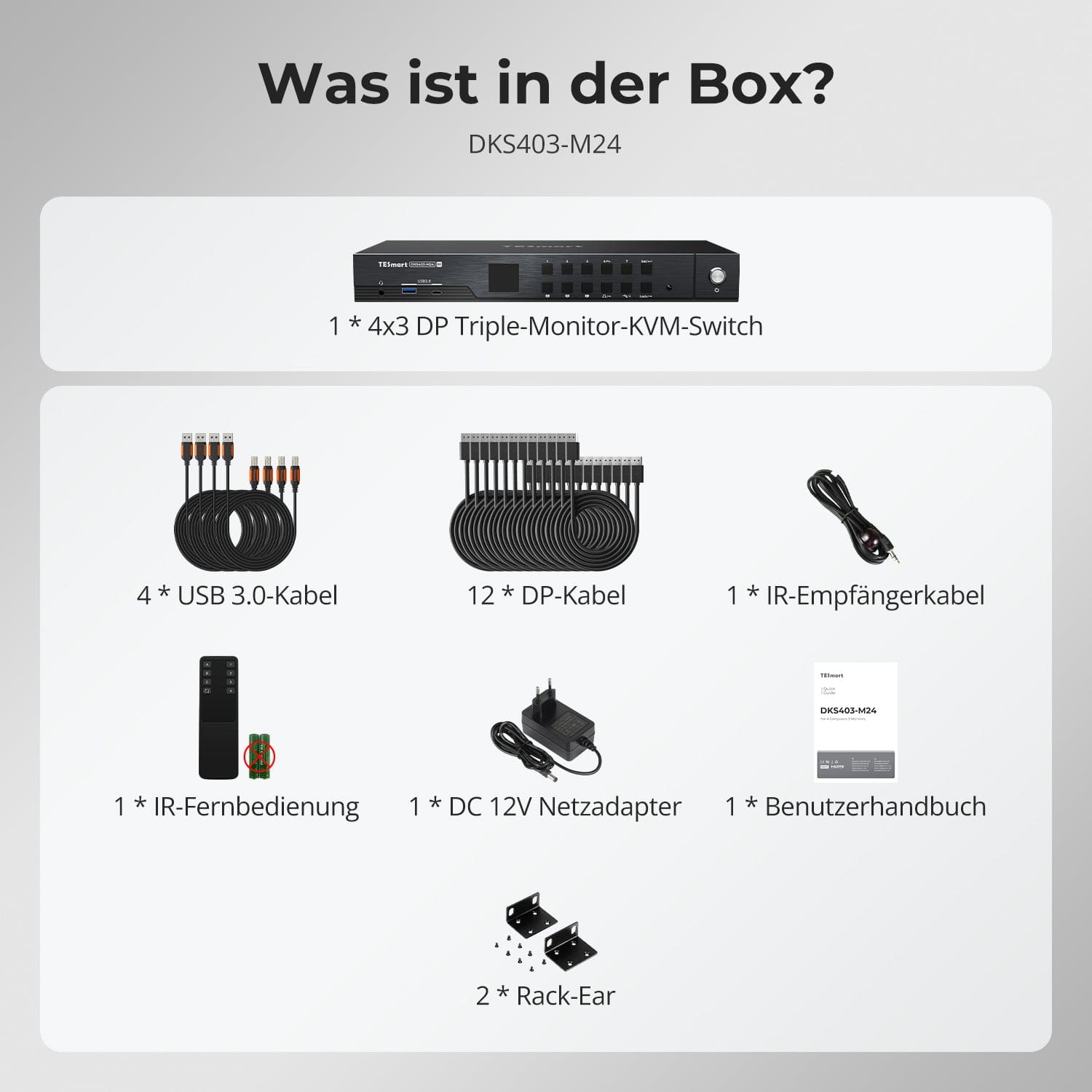TESmart.DE DKS403-M24-EUBK DP-1.4-Triple-8K@60Hz-KVM-Switch-Hub für 4 PCs & 3 Monitore, mit EDID-Emulation, Audio-/USB-Fokus-Sperre & Multi-Switching. DP-1.4-Triple-8K@60Hz-KVM-Switch-Hub für 4 PCs & 3 Monitore, mit EDID-Emulation, Audio-/USB-Fokus-Sperre & Multi-Switching.