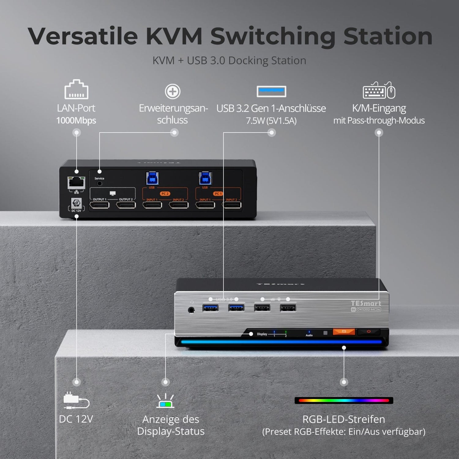 TESmart.DE DP 1.4 Dual 8K@60Hz 4K@144Hz KVM Switch for 2 PCs & 2 Monitors, w/ Multi-PC Control, Drag-and-Drop File Share, USB 3.2 Gen1 & Built-in Gigabit Network Nahtlose Kontrolle von 2 PCs mit gestochen scharfer DP 1.4-Videoqualität (8K@60Hz / 4K@144Hz), USB 3.2 Gen1 SuperSpeed & integriertem Gigabit-Netzwerk.