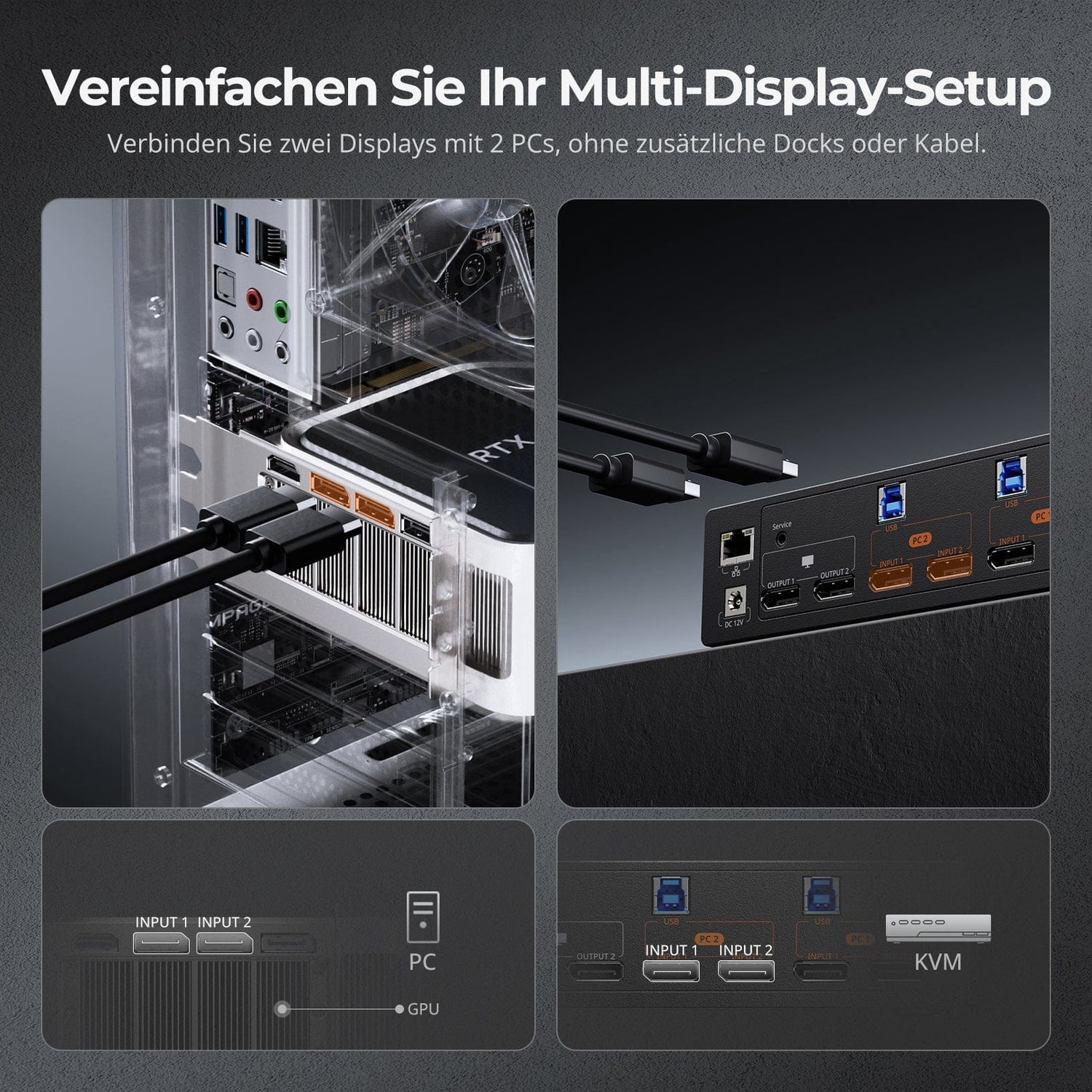 TESmart.DE DP 1.4 Dual 8K@60Hz 4K@144Hz KVM Switch for 2 PCs & 2 Monitors, w/ Multi-PC Control, Drag-and-Drop File Share, USB 3.2 Gen1 & Built-in Gigabit Network Nahtlose Kontrolle von 2 PCs mit gestochen scharfer DP 1.4-Videoqualität (8K@60Hz / 4K@144Hz), USB 3.2 Gen1 SuperSpeed & integriertem Gigabit-Netzwerk.