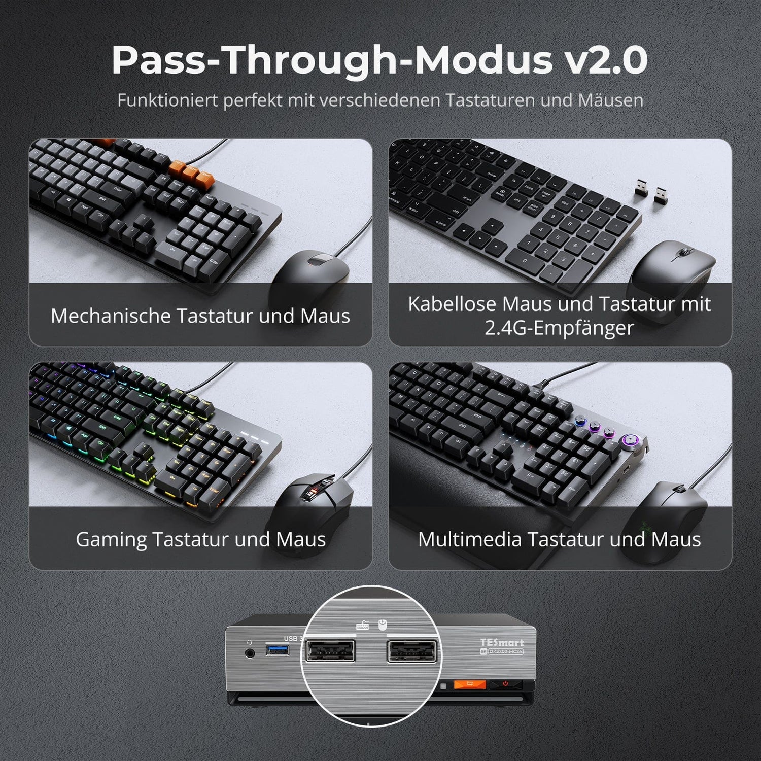 TESmart.DE DP 1.4 Dual 8K@60Hz 4K@144Hz KVM Switch for 2 PCs & 2 Monitors, w/ Multi-PC Control, Drag-and-Drop File Share, USB 3.2 Gen1 & Built-in Gigabit Network Nahtlose Kontrolle von 2 PCs mit gestochen scharfer DP 1.4-Videoqualität (8K@60Hz / 4K@144Hz), USB 3.2 Gen1 SuperSpeed & integriertem Gigabit-Netzwerk.