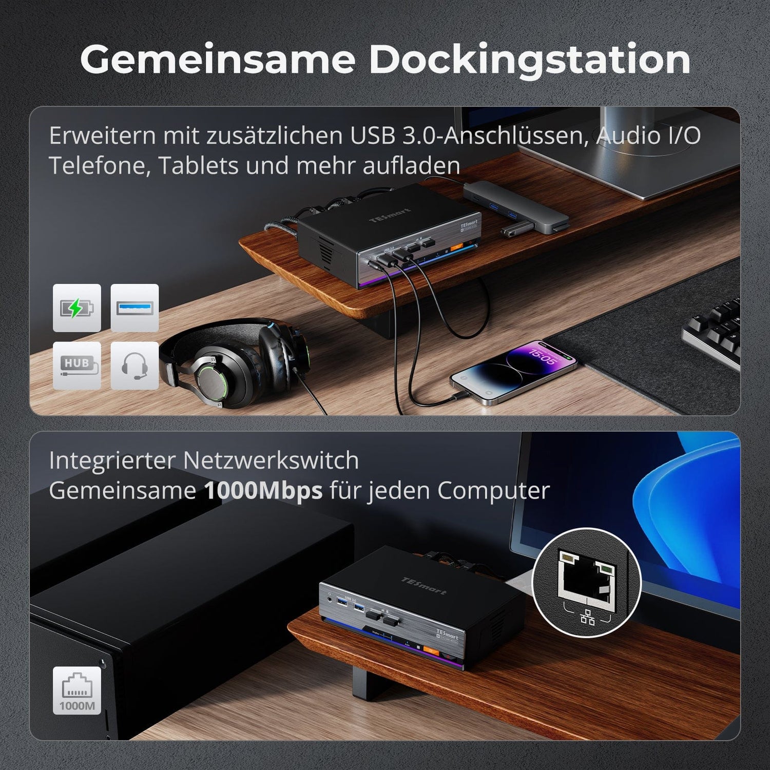 TESmart.DE DP 1.4 Dual 8K@60Hz 4K@144Hz KVM Switch for 2 PCs & 2 Monitors, w/ Multi-PC Control, Drag-and-Drop File Share, USB 3.2 Gen1 & Built-in Gigabit Network Nahtlose Kontrolle von 2 PCs mit gestochen scharfer DP 1.4-Videoqualität (8K@60Hz / 4K@144Hz), USB 3.2 Gen1 SuperSpeed & integriertem Gigabit-Netzwerk.