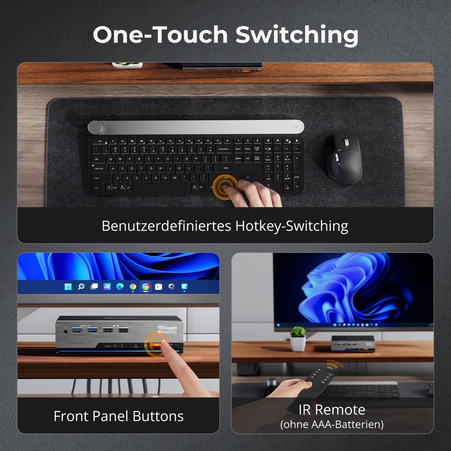 TESmart.DE DP 1.4 Dual 8K@60Hz 4K@144Hz KVM Switch for 2 PCs & 2 Monitors, w/ Multi-PC Control, Drag-and-Drop File Share, USB 3.2 Gen1 & Built-in Gigabit Network Nahtlose Kontrolle von 2 PCs mit gestochen scharfer DP 1.4-Videoqualität (8K@60Hz / 4K@144Hz), USB 3.2 Gen1 SuperSpeed & integriertem Gigabit-Netzwerk.