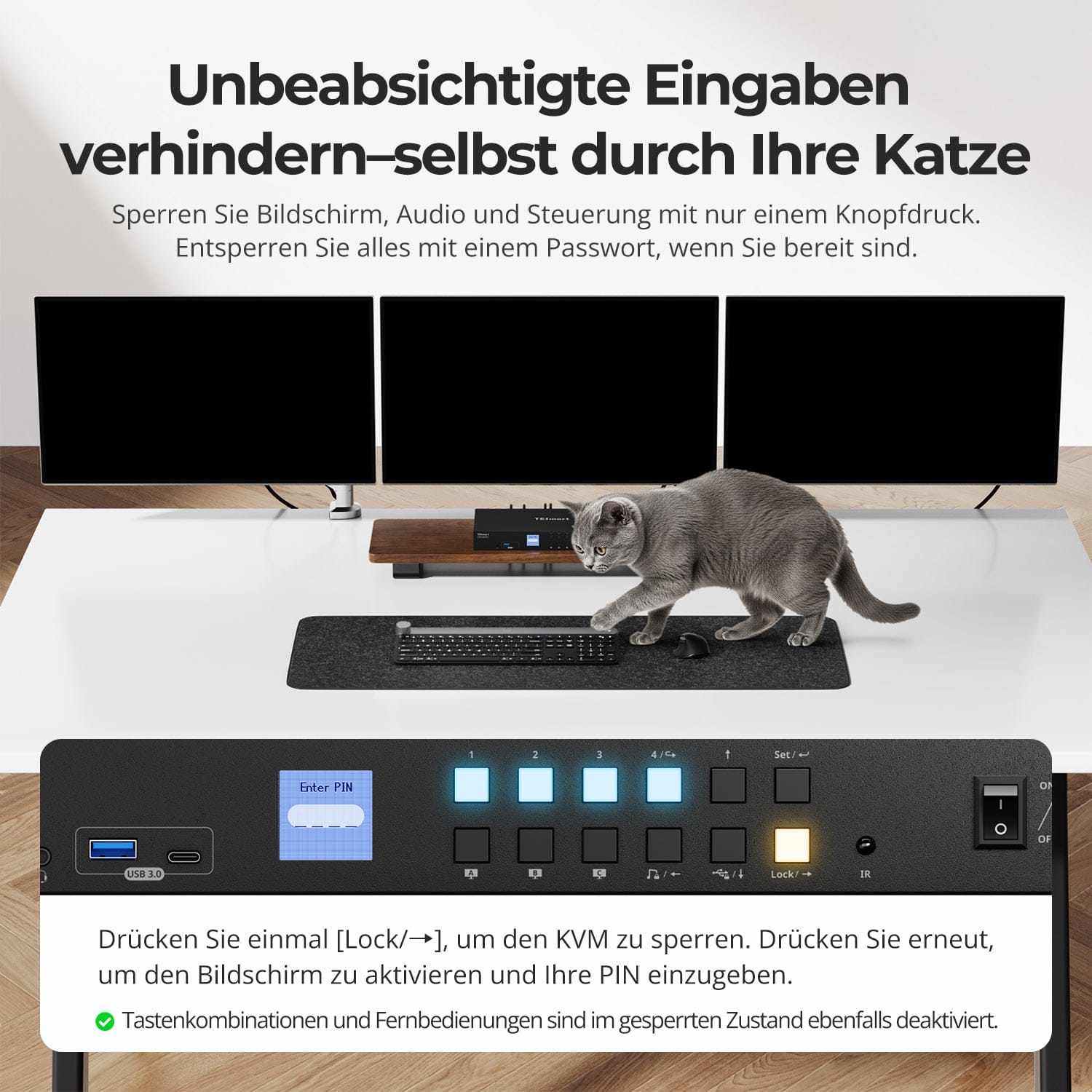TESmart.DE Drei Monitor KVM Switcher Drei Monitor MST KVM-Dockingstation-Kit - 4K60Hz, EDID für 1 Laptop & 3 PCs 4-Port Triple-Monitor MST KVM-Dock 4K60Hz mit 60W PD & EDID | TESmart
