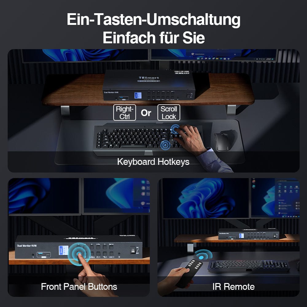 TESmart.DE Drei Monitor KVM Switcher Drei Monitor MST KVM-Dockingstation-Kit - 4K60Hz, EDID für 1 Laptop & 3 PCs Drei-Monitor MST KVM-Dock - 4K60Hz, EDID für 1 Laptop & 3 PCs
