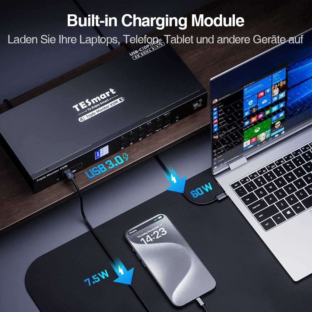 TESmart.DE Drei Monitor KVM Switcher Drei Monitor MST KVM-Dockingstation-Kit - 4K60Hz, EDID für 1 Laptop & 3 PCs Drei-Monitor MST KVM-Dock - 4K60Hz, EDID für 1 Laptop & 3 PCs