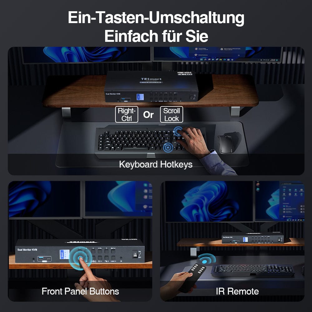 TESmart.DE Dual Monitor KVM Switch Dual-Monitor-USB-C-KVM-Dockingstation-Kit - 4K60Hz, MST, EDID für 2 Laptops und 2 PCs Dual-Monitor USB-C KVM-Dock-4K60Hz, MST, EDID für 2 Laptops und 2 PCs