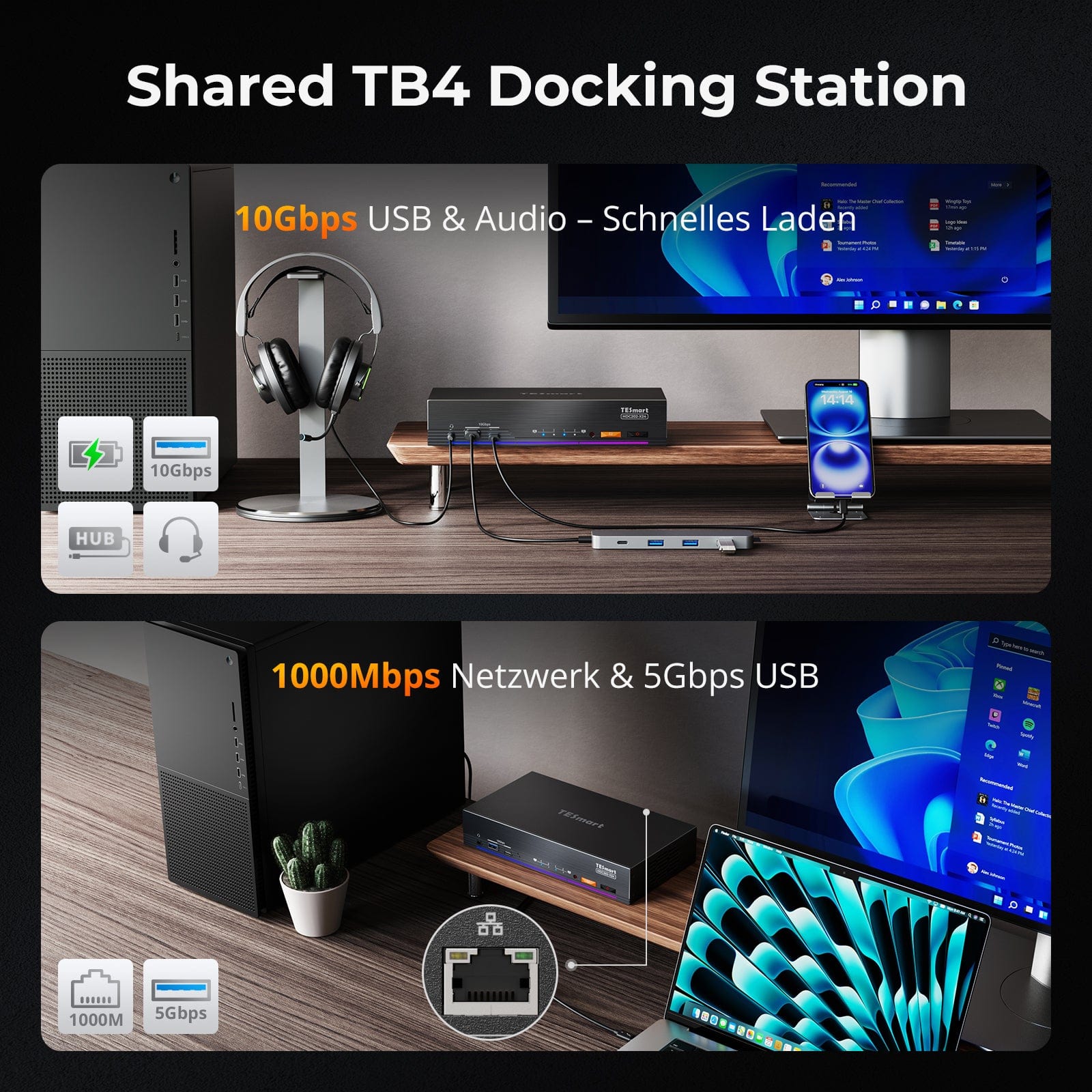 TESmart.DE HDC202-X24-EUBK Dual 4K60Hz Thunderbolt™ 4 KVM-Dock für 1 Laptop & 1 Desktop – EDID, Gaming & Hybrides Home-Office 10652805090792 Der weltweit erste Dual-Monitor-Thunderbolt™ 4 KVM – Perfekt für Gaming- und hybride Home-Office-Setups
