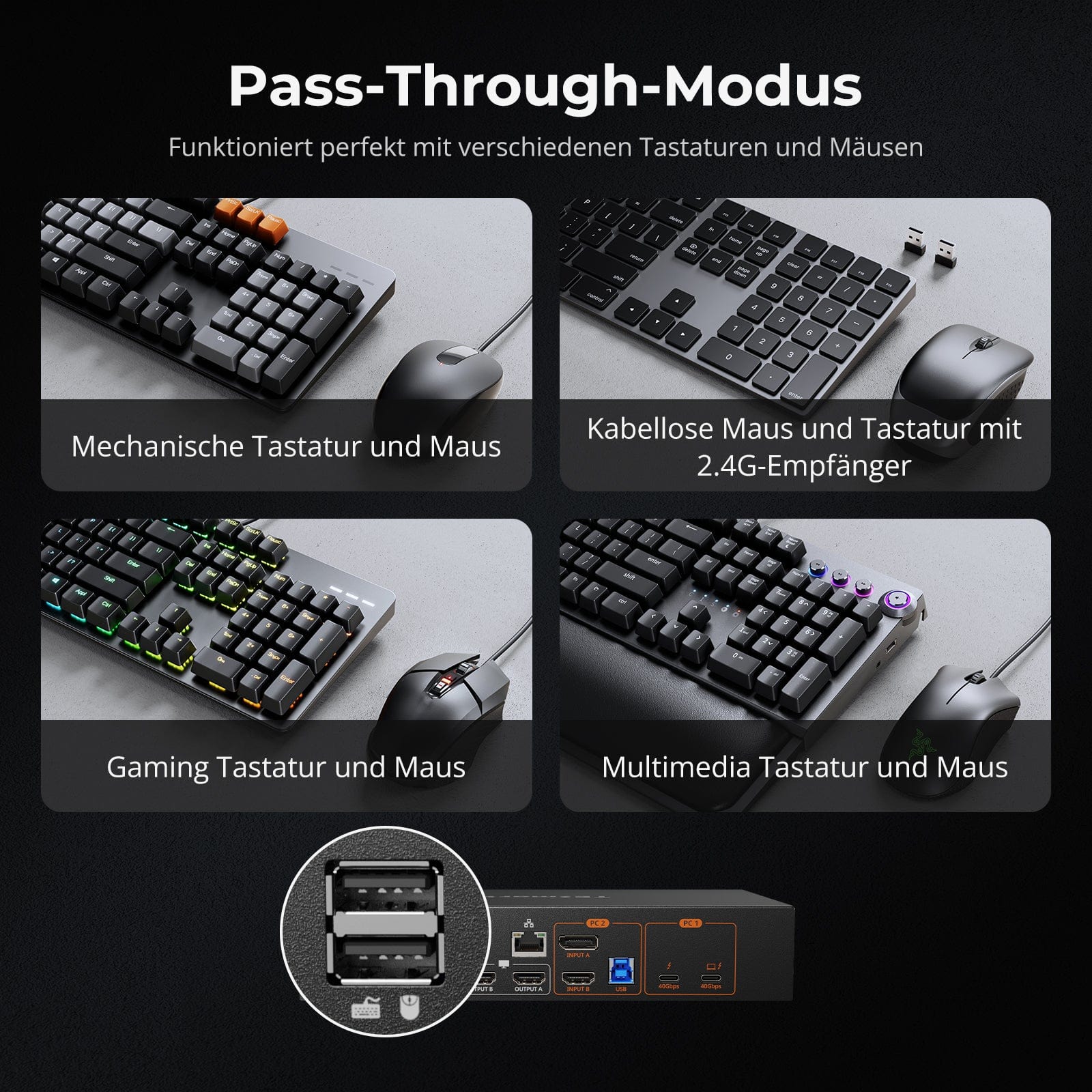 TESmart.DE HDC202-X24-EUBK Dual 4K60Hz Thunderbolt™ 4 KVM-Dock für 1 Laptop & 1 Desktop – EDID, Gaming & Hybrides Home-Office 10652805090792 Der weltweit erste Dual-Monitor-Thunderbolt™ 4 KVM – Perfekt für Gaming- und hybride Home-Office-Setups