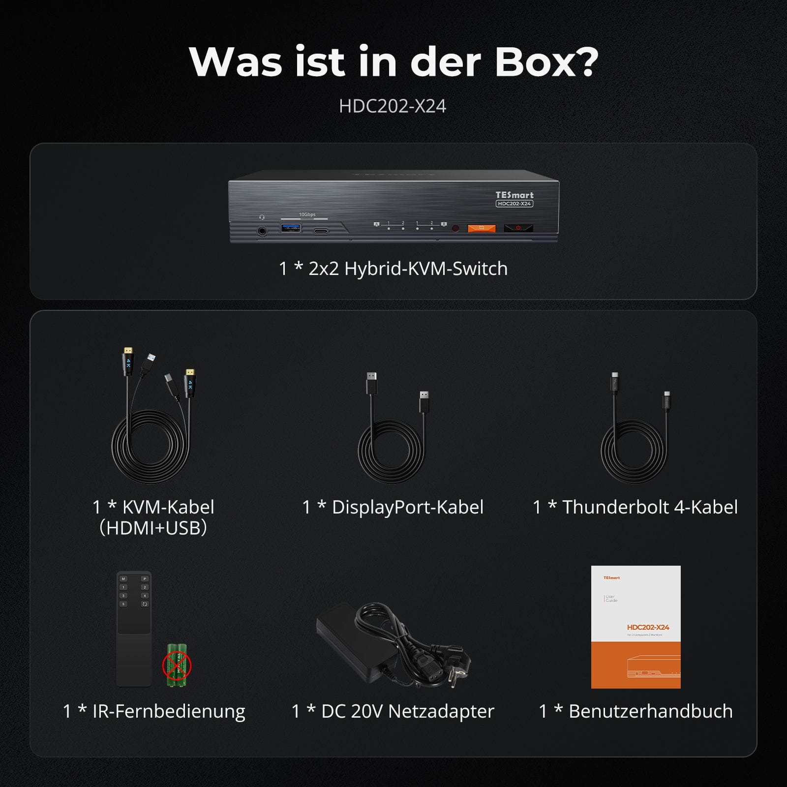 TESmart.DE HDC202-X24-EUBK Dual 4K60Hz Thunderbolt™ 4 KVM-Dock für 1 Laptop & 1 Desktop – EDID, Gaming & Hybrides Home-Office 10652805090792 Der weltweit erste Dual-Monitor-Thunderbolt™ 4 KVM – Perfekt für Gaming- und hybride Home-Office-Setups