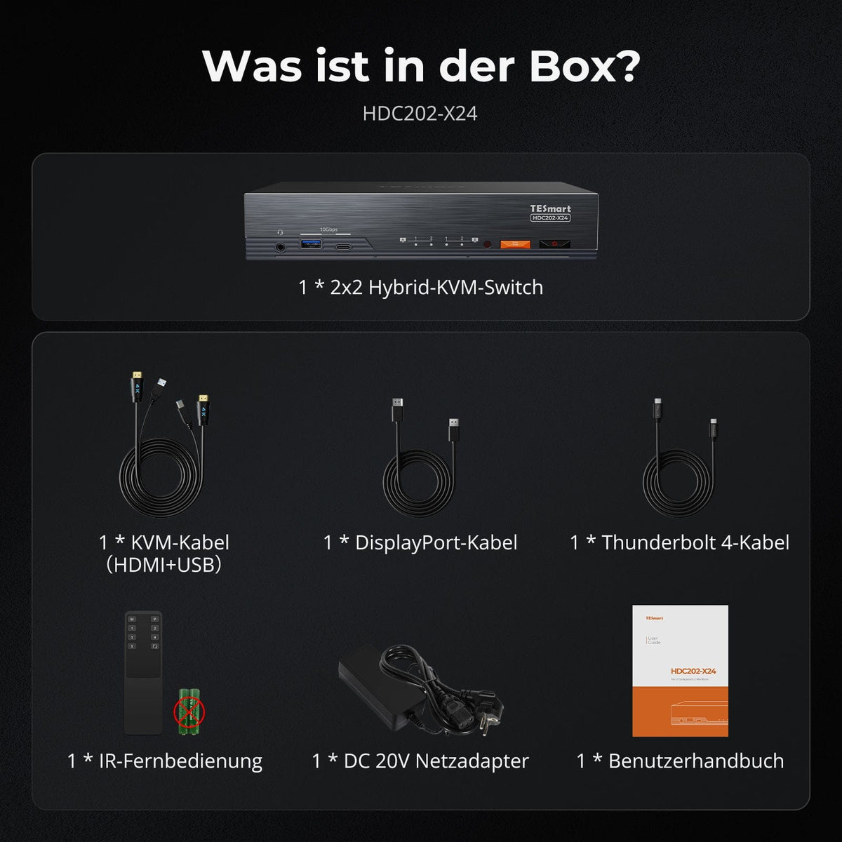 TESmart.DE HDC202-X24-EUBK Dual 4K60Hz Thunderbolt™ 4 KVM-Dock für 1 Laptop & 1 Desktop – EDID, Gaming & Hybrides Home-Office 10652805090792 Der weltweit erste Dual-Monitor-Thunderbolt™ 4 KVM – Perfekt für Gaming- und hybride Home-Office-Setups
