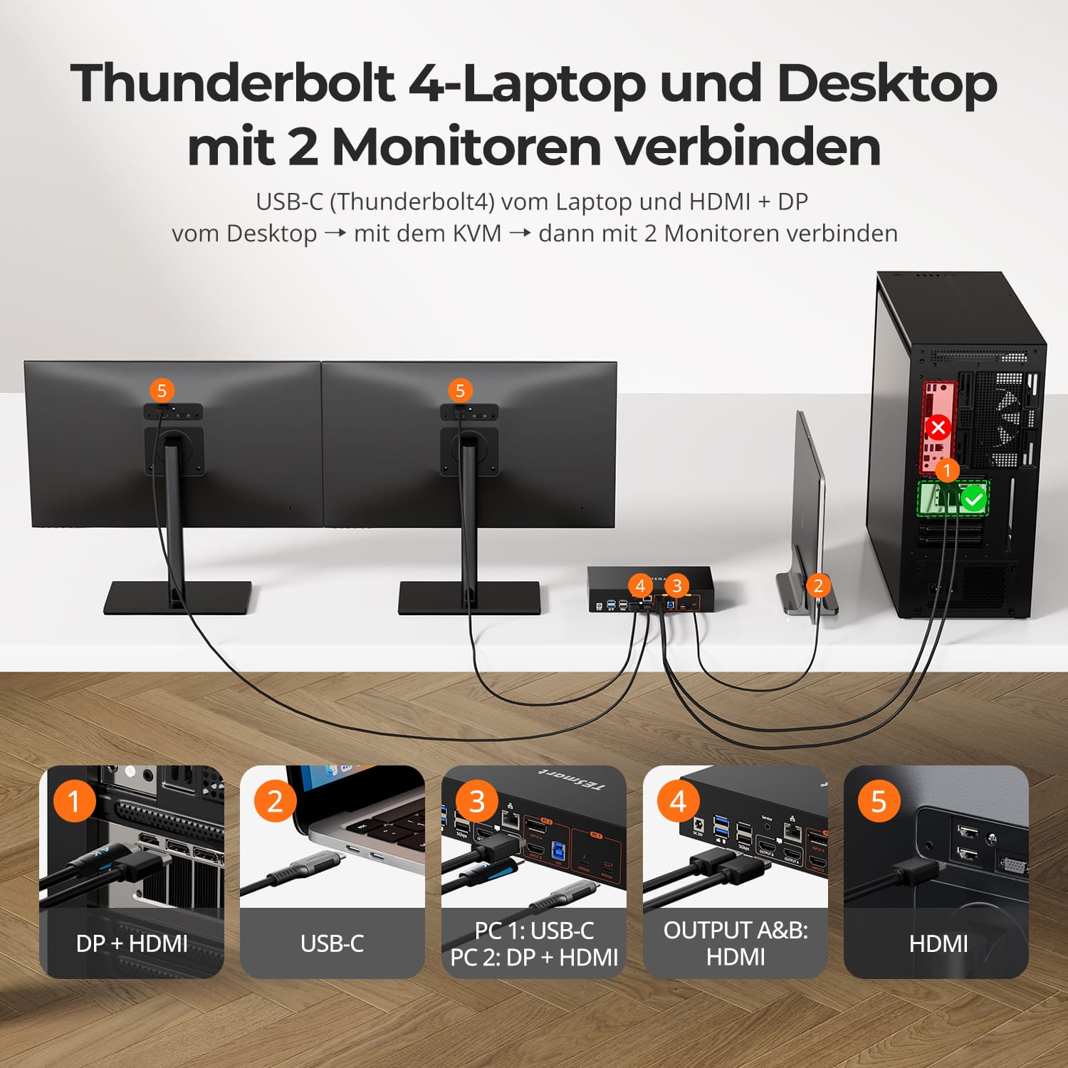 TESmart.DE HDC202-X24-EUBK KVM Switch Dual 4K60Hz Thunderbolt™ 4 KVM-Dock für 1 Laptop & 1 Desktop – EDID, Gaming & Hybrides Home-Office 10652805090792 2-Port Thunderbolt 4 Dual-Monitor KVM-Switch 4K60Hz, EDID & 60W PD | TESmart