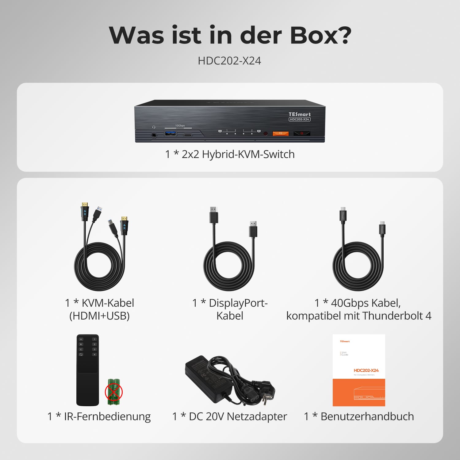 TESmart.DE HDC202-X24-EUBK KVM Switch Dual 4K60Hz Thunderbolt™ 4 KVM-Dock für 1 Laptop & 1 Desktop – EDID, Gaming & Hybrides Home-Office 10652805090792 2-Port Thunderbolt 4 Dual-Monitor KVM-Switch 4K60Hz, EDID & 60W PD | TESmart
