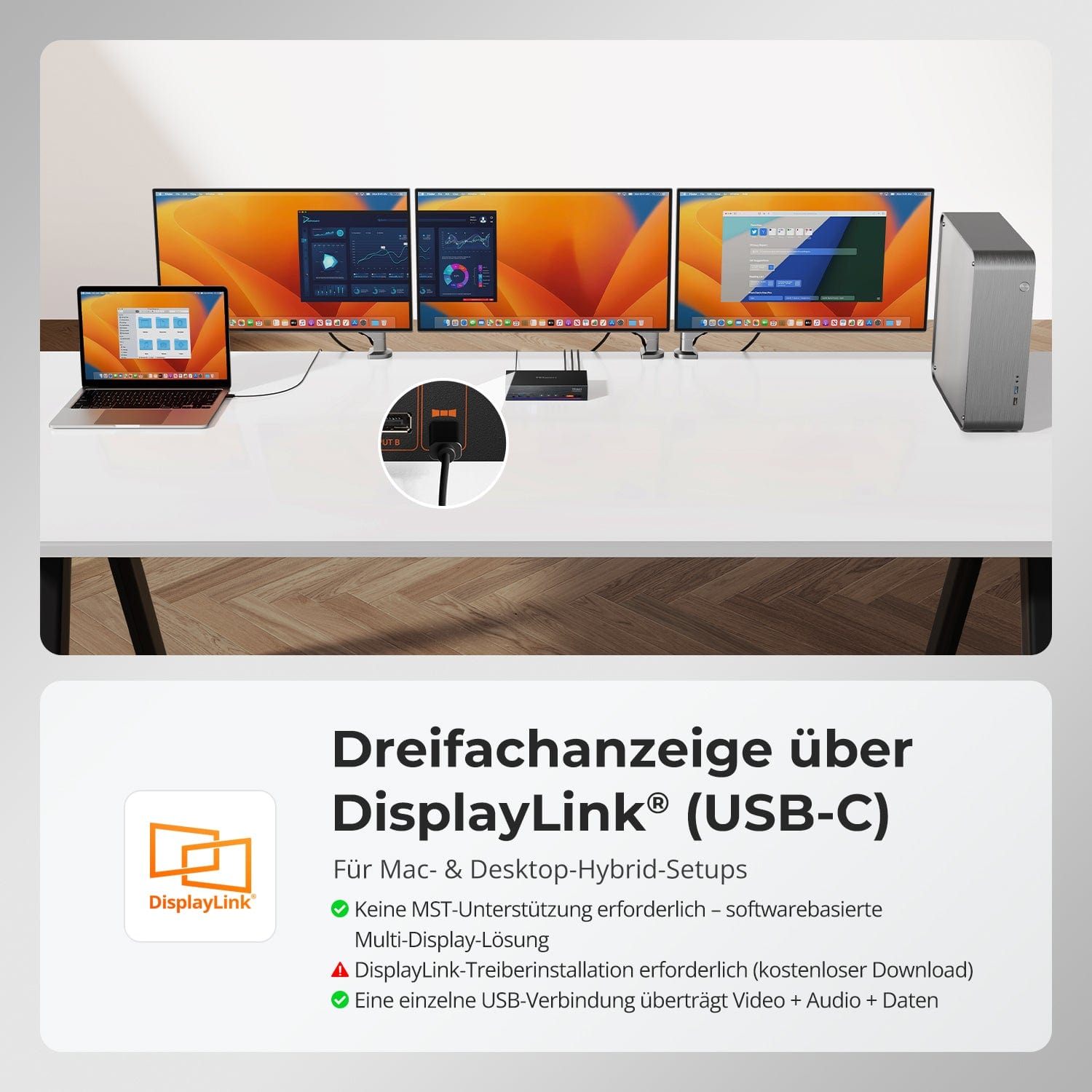 TESmart.DE HDC203-PM24-EUBK Triple 4K60Hz DisplayLink® Hybrid KVM Dockingstation – USB-C mit EDID & 100W PD für 2 PCs (Mac & Desktop) 10652805092246 Triple 4K60Hz DisplayLink® Hybrid KVM Dockingstation – USB-C mit EDID & 100W PD für 2 PCs (Mac & Desktop)