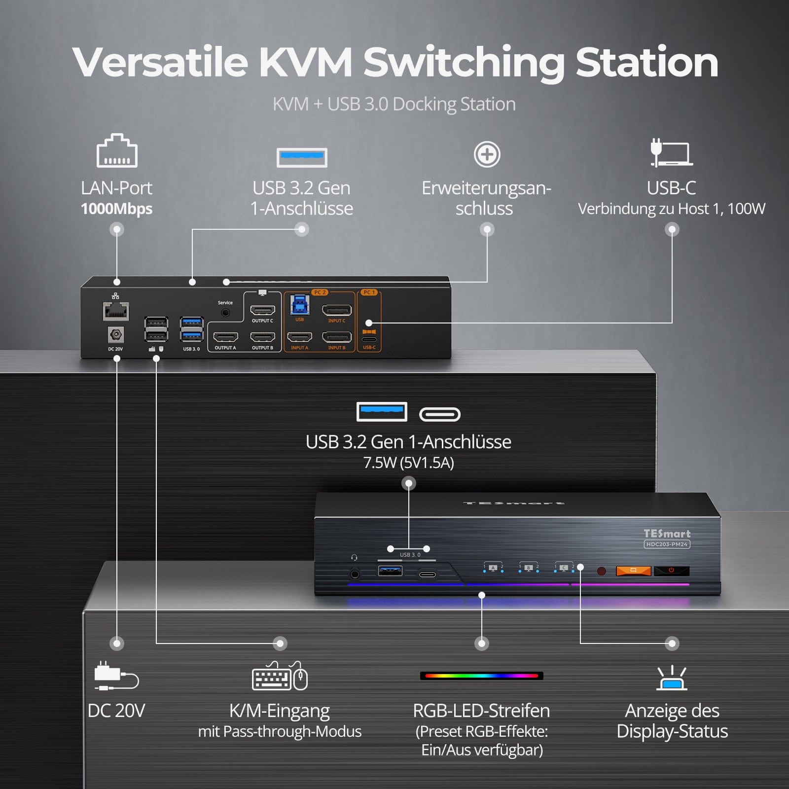 TESmart.DE HDC203-PM24-EUBK Triple 4K60Hz DisplayLink® Hybrid KVM Dockingstation – USB-C mit EDID & 100W PD für 2 PCs (Mac & Desktop) 10652805092246 Triple 4K60Hz DisplayLink® Hybrid KVM Dockingstation – USB-C mit EDID & 100W PD für 2 PCs (Mac & Desktop)
