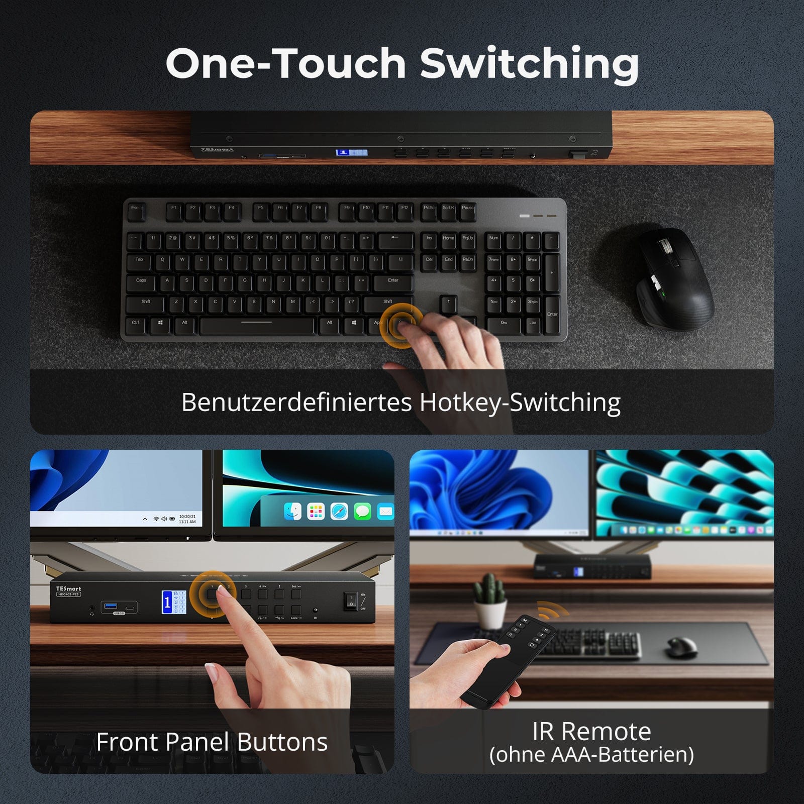TESmart.DE HDC402-P23-EUBK Dual-Monitor-Hybrid USB-C/HDMI/DP 4K60Hz KVM-Switch Pro-Hub für 2 Laptops & 2 PCs, mit MST-Modus, EDID-Emulation, Gigabit-LAN und Dual-Ladefunktion Dual 4K60Hz Hybrid-KVM Pro-Hub für 4 PCs & 2 Monitore, mit MST-Modus, EDID-Emulation, Gigabit-LAN & Dual-Ladefunktion