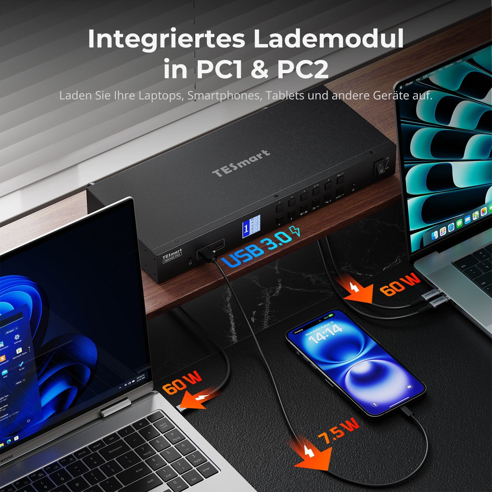 TESmart.DE HDC402-P23-EUBK Dual-Monitor-Hybrid USB-C/HDMI/DP 4K60Hz KVM-Switch Pro-Hub für 2 Laptops & 2 PCs, mit MST-Modus, EDID-Emulation, Gigabit-LAN und Dual-Ladefunktion Dual 4K60Hz Hybrid-KVM Pro-Hub für 4 PCs & 2 Monitore, mit MST-Modus, EDID-Emulation, Gigabit-LAN & Dual-Ladefunktion