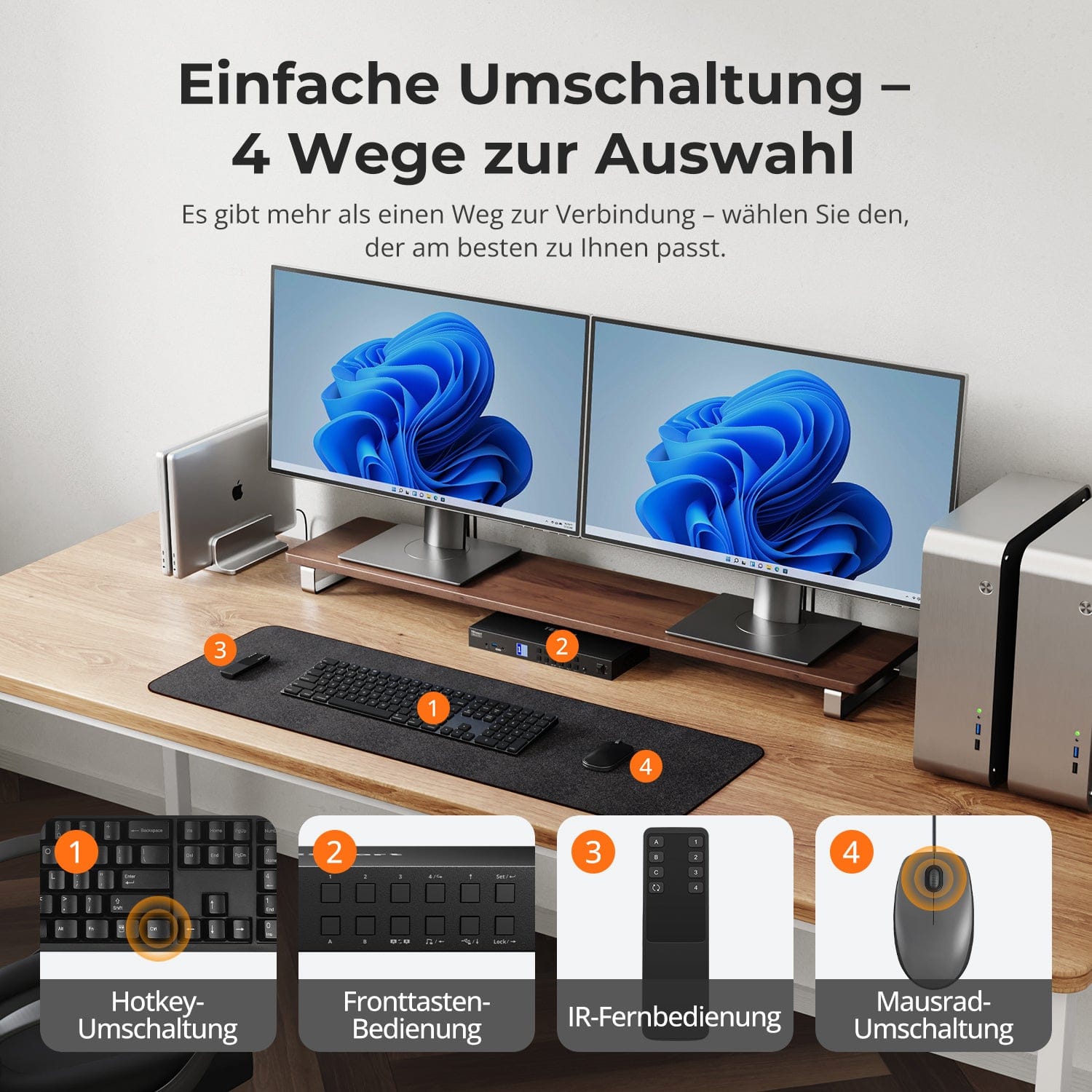 TESmart.DE HDC402-P23-EUBK Dual Monitor KVM Switch Dual-Monitor-Hybrid USB-C/HDMI/DP 4K60Hz KVM-Switch Pro-Hub für 2 Laptops & 2 PCs, mit MST-Modus, EDID-Emulation, Gigabit-LAN und Dual-Ladefunktion 4-Port Dual 4K60Hz Hybrid KVM-Switch für 4 PCs & 2 Monitore | TESmart