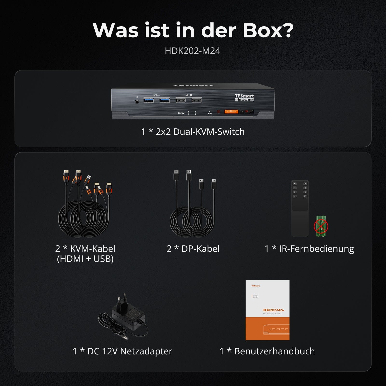 TESmart.DE HDK202-M24-EUBK HDMI 2.1 & DP 1.4 Dual 4K144Hz KVM-Switch Gaming-Dock für 2 PCs und 2 Monitore, mit ADI-Chip, EDID, VRR, FVA, ALLM und Dynamic HDR 10652805090761 HDMI 2.1 & DP 1.4 Dual 4K144Hz VRR KVM-Dock für 2 PCs und 2 Monitore, ADI-Chip, EDID, HDR EU Plug
