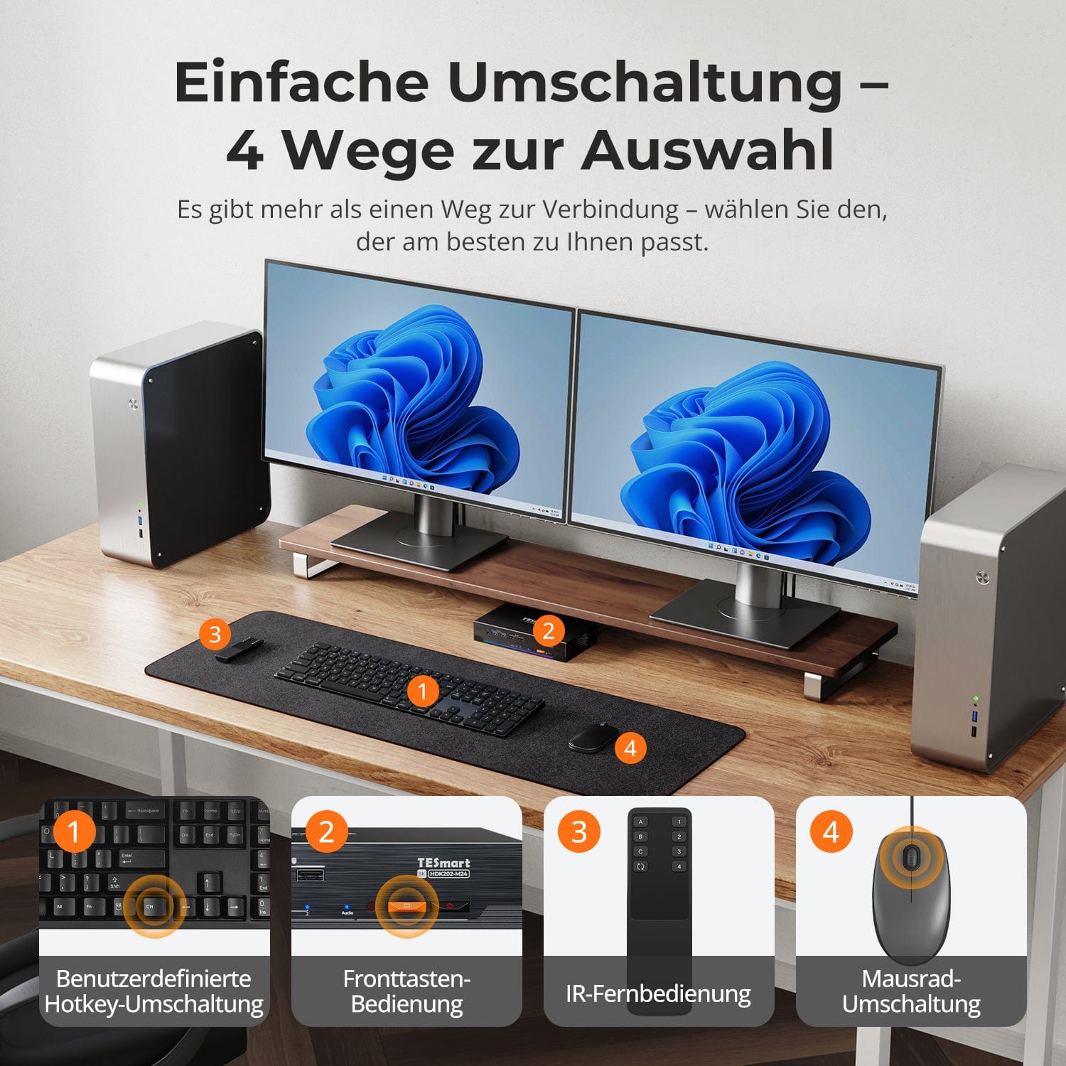 TESmart.DE HDK202-M24-EUBK KVM Switch HDMI 2.1 & DP 1.4 Dual 4K144Hz KVM-Switch Gaming-Dock für 2 PCs und 2 Monitore, mit ADI-Chip, EDID, VRR, FVA, ALLM und Dynamic HDR 10652805090761 Dual 4K144Hz HDMI 2.1 & DP 1.4 KVM-Switch mit VRR, EDID & HDR | TESmart EU Plug