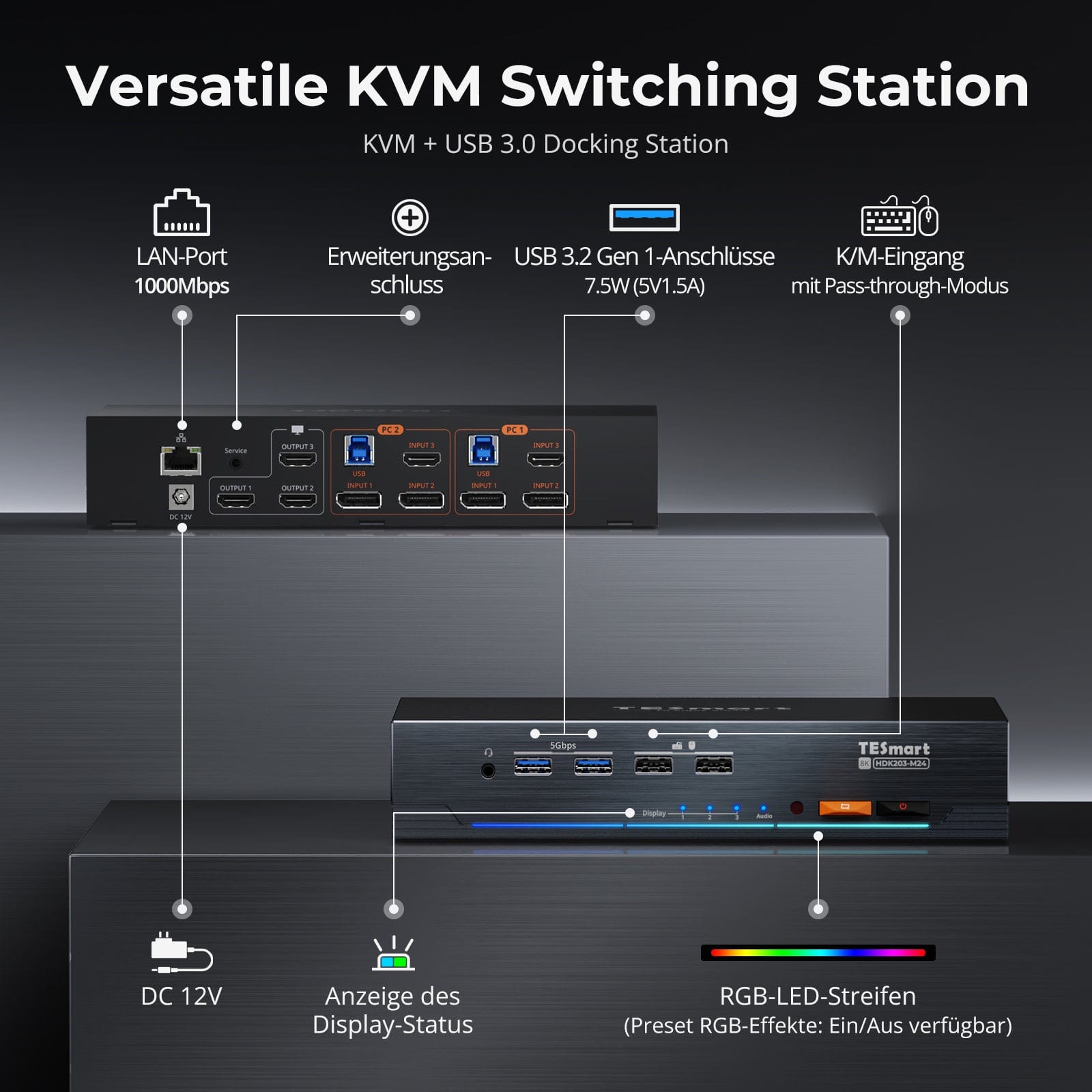 TESmart.DE HDK203-M24-EUBK HDMI 2.1 & DP 1.4 Triple 4K144Hz KVM Switch Gaming-Dockingstation für 2 PCs & 3 Monitore, mit ADI-Chip, EDID, VRR, FVA, ALLM und Dynamischem HDR 10652805090778 HDMI 2.1 & DP 1.4 Drei 4K144Hz VRR KVM-Dockingstation für 2 PCs & 3 Monitore, ADI-Chip, EDID, HDR EU Plug