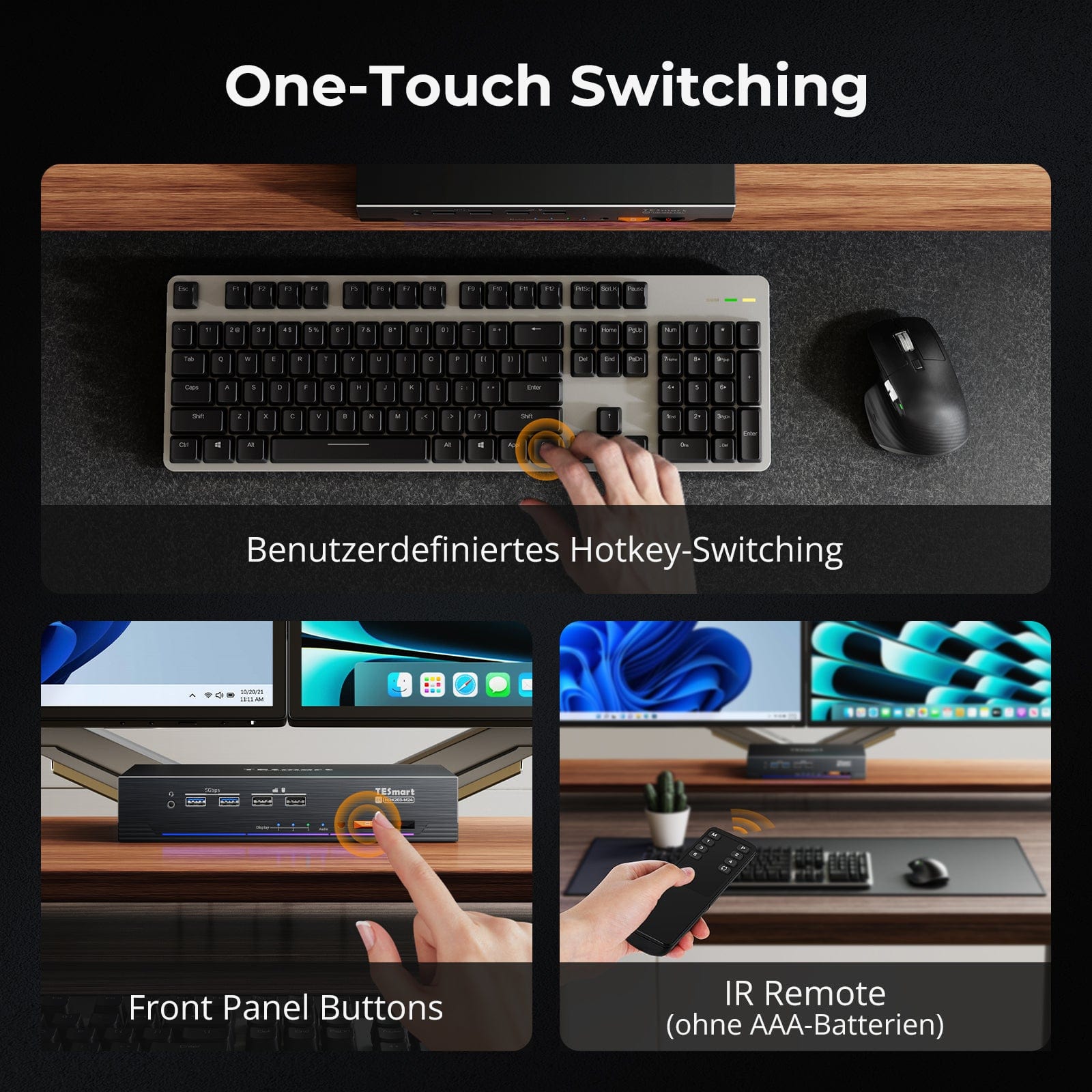 TESmart.DE HDK203-M24-EUBK HDMI 2.1 & DP 1.4 Triple 4K144Hz KVM Switch Gaming-Dockingstation für 2 PCs & 3 Monitore, mit ADI-Chip, EDID, VRR, FVA, ALLM und Dynamischem HDR 10652805090778 HDMI 2.1 & DP 1.4 Drei 4K144Hz VRR KVM-Dockingstation für 2 PCs & 3 Monitore, ADI-Chip, EDID, HDR EU Plug