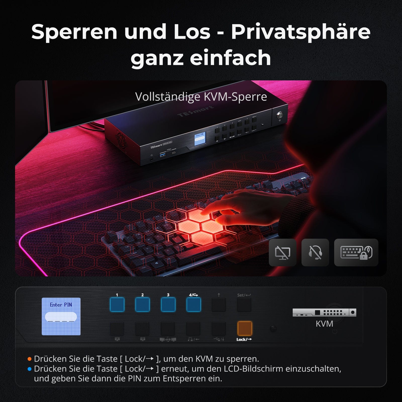 TESmart.DE HDK402-M24-EUBK HDMI 2.1 & DP 1.4 Dual 4K144Hz KVM-Switch Gaming-Dock für 4 PCs & 2 Monitore, mit ADI-Chip, EDID, VRR, FVA, ALLM und Dynamic HDR 10652805090815 HDMI 2.1 & DP 1.4 Dual 4K144Hz VRR KVM-Dock für 4 PCs & 2 Monitore, ADI-Chip, EDID, HDR
