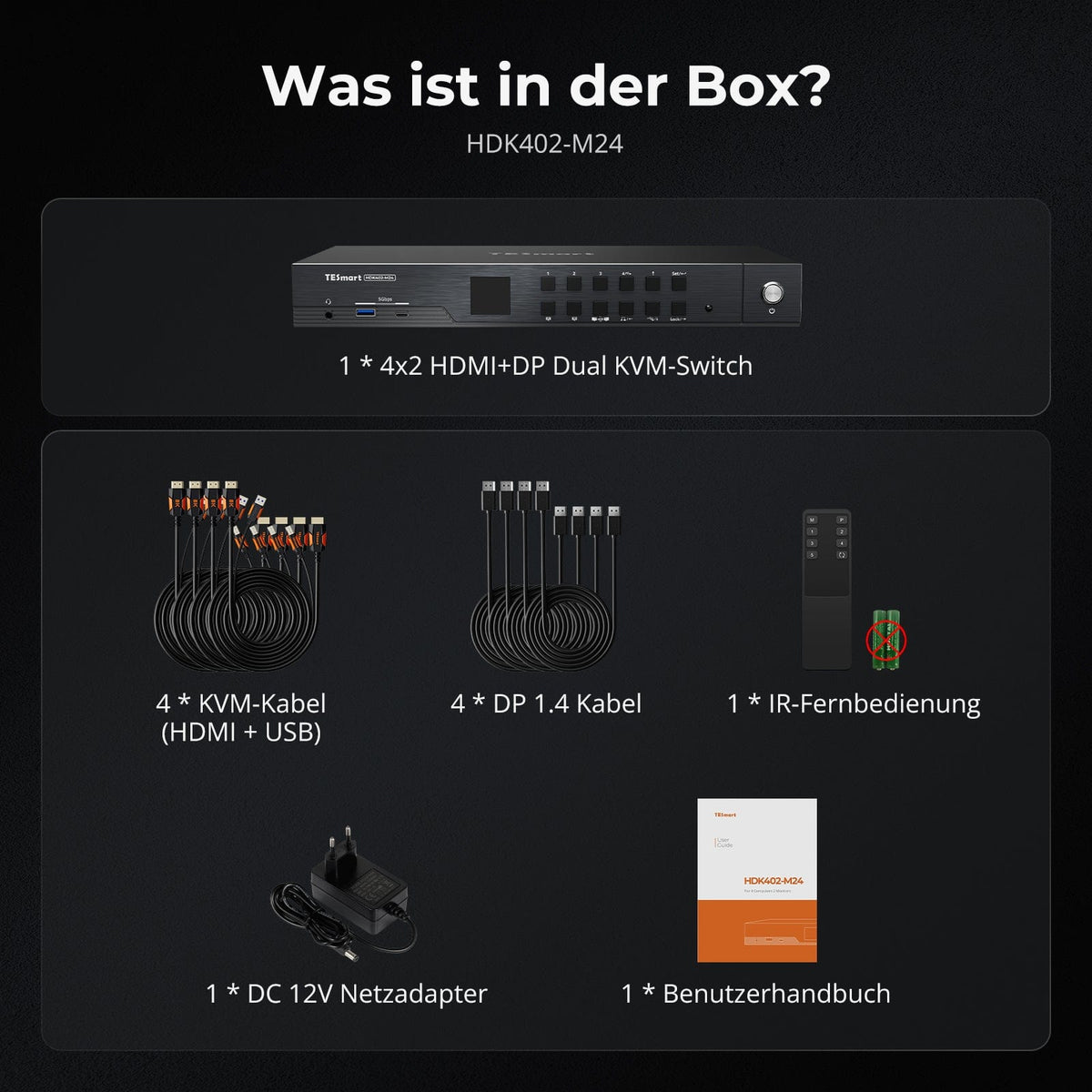 TESmart.DE HDK402-M24-EUBK HDMI 2.1 & DP 1.4 Dual 4K144Hz KVM-Switch Gaming-Dock für 4 PCs & 2 Monitore, mit ADI-Chip, EDID, VRR, FVA, ALLM und Dynamic HDR 10652805090815 HDMI 2.1 & DP 1.4 Dual 4K144Hz VRR KVM-Dock für 4 PCs & 2 Monitore, ADI-Chip, EDID, HDR
