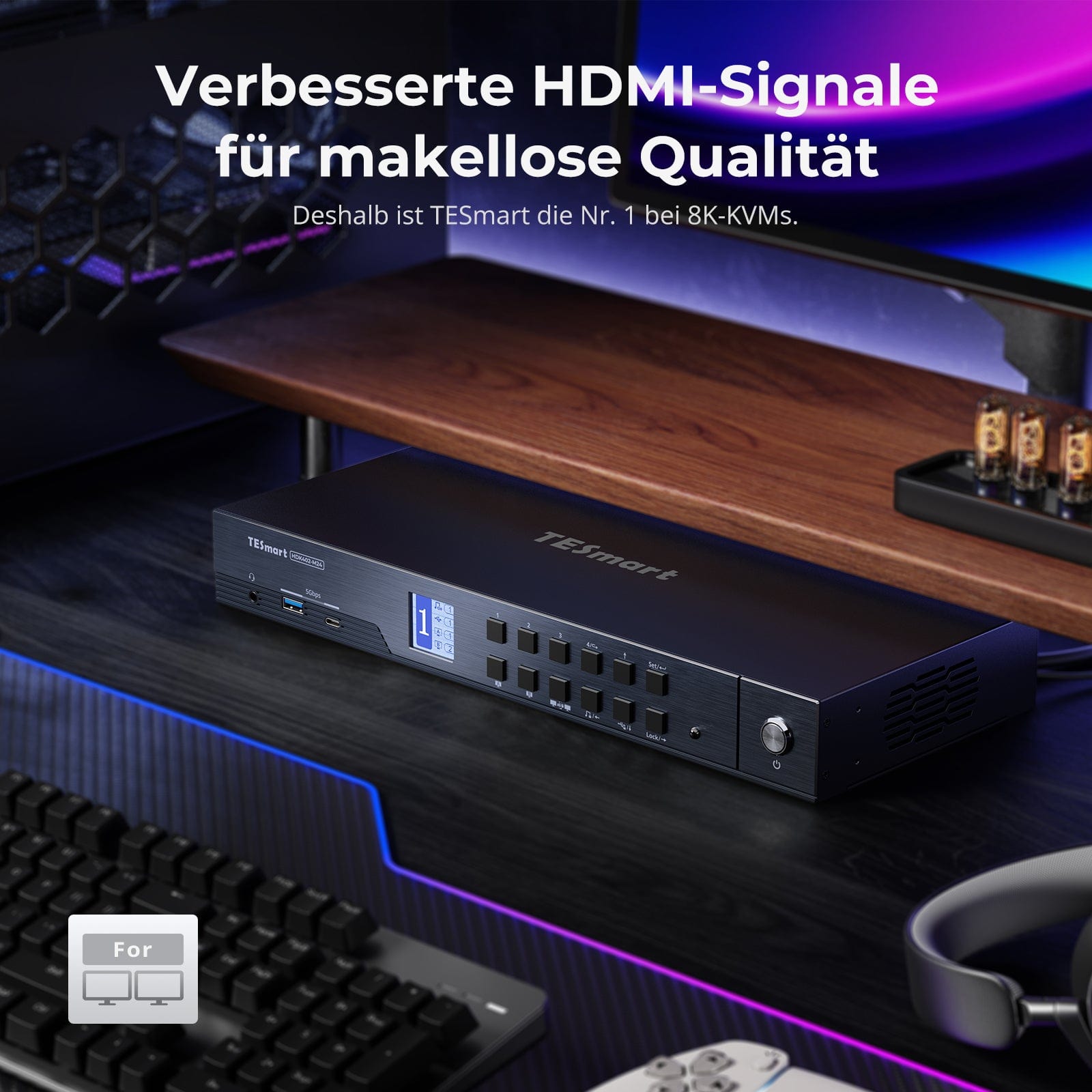 TESmart.DE HDK402-M24-EUBK HDMI 2.1 & DP 1.4 Dual 4K144Hz KVM-Switch Gaming-Dock für 4 PCs & 2 Monitore, mit ADI-Chip, EDID, VRR, FVA, ALLM und Dynamic HDR 10652805090815 HDMI 2.1 & DP 1.4 Dual 4K144Hz VRR KVM-Dock für 4 PCs & 2 Monitore, ADI-Chip, EDID, HDR