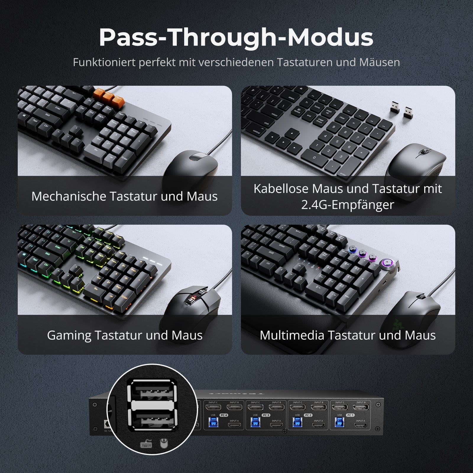 TESmart.DE HDK403-P23-EUBK HDMI 2.0 & DP 1.2 Triple Monitor KVM-Switch 4K60Hz mit USB 3.0 Hub, Headset, Audio & Mikrofon HDMI 2.0 & DP 1.2 Triple 4K60 KVM-Switch für 4 PCs & 3 Monitore, USB 3.2 Gen 1, Hotkey-Unterstützung, IR-Fernbedienung, USB-Laden
