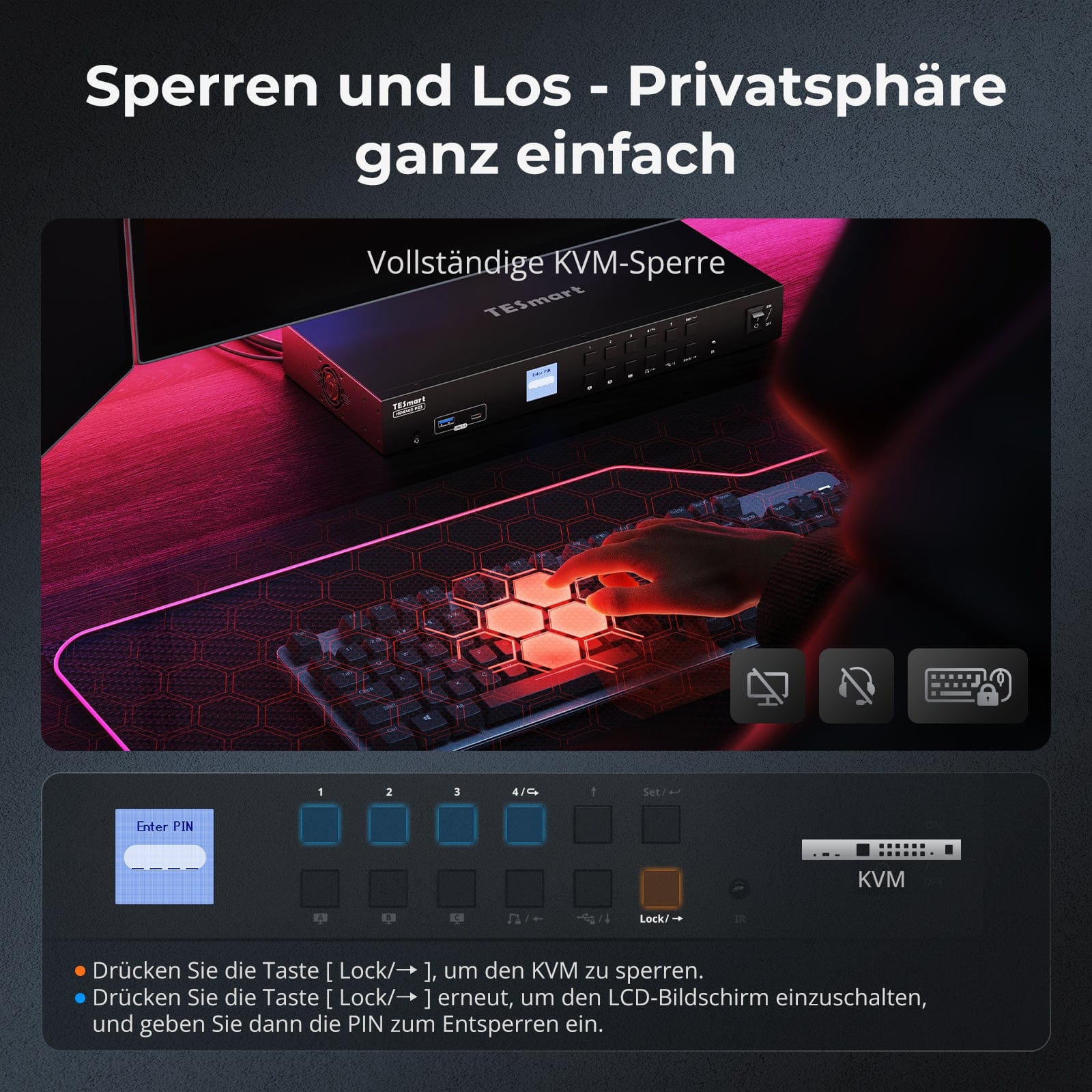TESmart.DE HDK403-P23-EUBK HDMI 2.0 & DP 1.2 Triple Monitor KVM-Switch 4K60Hz mit USB 3.0 Hub, Headset, Audio & Mikrofon HDMI 2.0 & DP 1.2 Triple 4K60 KVM-Switch für 4 PCs & 3 Monitore, USB 3.2 Gen 1, Hotkey-Unterstützung, IR-Fernbedienung, USB-Laden