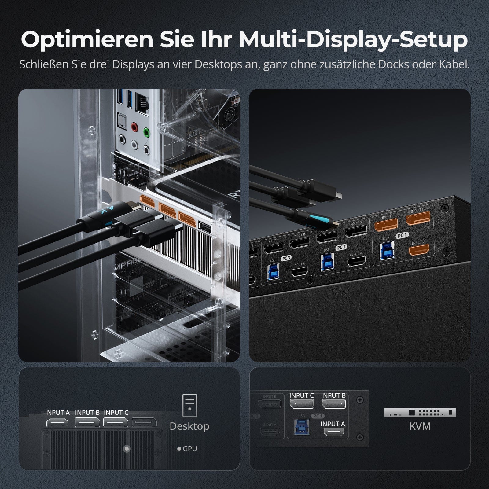 TESmart.DE HDK403-P23-EUBK HDMI 2.0 & DP 1.2 Triple Monitor KVM-Switch 4K60Hz mit USB 3.0 Hub, Headset, Audio & Mikrofon HDMI 2.0 & DP 1.2 Triple 4K60 KVM-Switch für 4 PCs & 3 Monitore, USB 3.2 Gen 1, Hotkey-Unterstützung, IR-Fernbedienung, USB-Laden