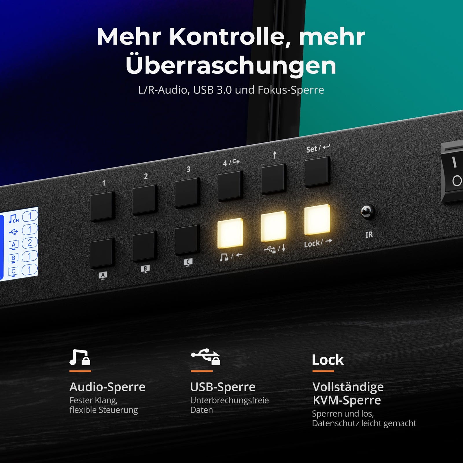 TESmart.DE HDK403-P23-EUBK HDMI 2.0 & DP 1.2 Triple Monitor KVM-Switch 4K60Hz mit USB 3.0 Hub, Headset, Audio & Mikrofon HDMI 2.0 & DP 1.2 Triple 4K60 KVM-Switch für 4 PCs & 3 Monitore, USB 3.2 Gen 1, Hotkey-Unterstützung, IR-Fernbedienung, USB-Laden
