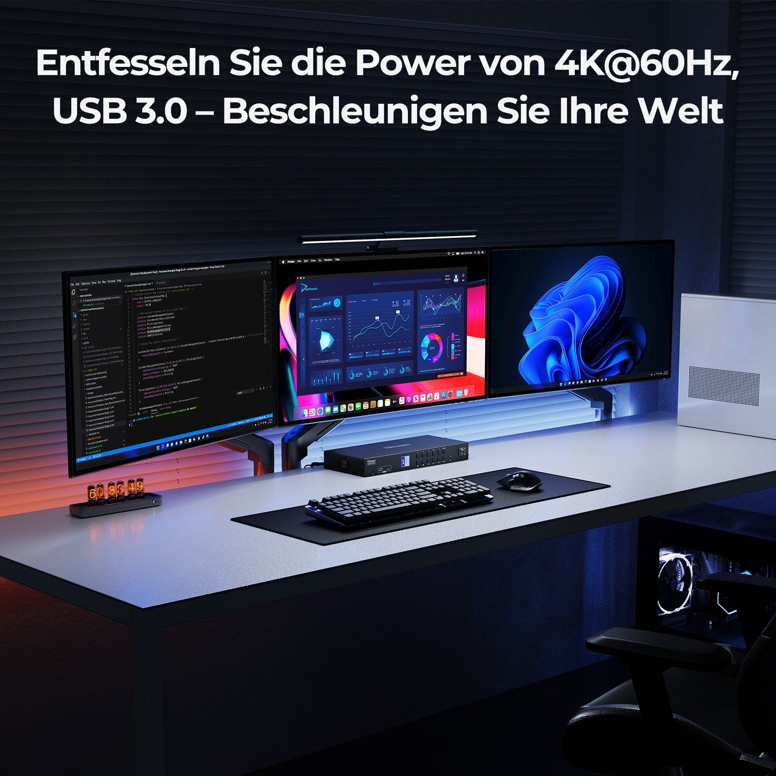 TESmart.DE HDK403-P23-EUBK HDMI 2.0 & DP 1.2 Triple Monitor KVM-Switch 4K60Hz mit USB 3.0 Hub, Headset, Audio & Mikrofon HDMI 2.0 & DP 1.2 Triple 4K60 KVM-Switch für 4 PCs & 3 Monitore, USB 3.2 Gen 1, Hotkey-Unterstützung, IR-Fernbedienung, USB-Laden