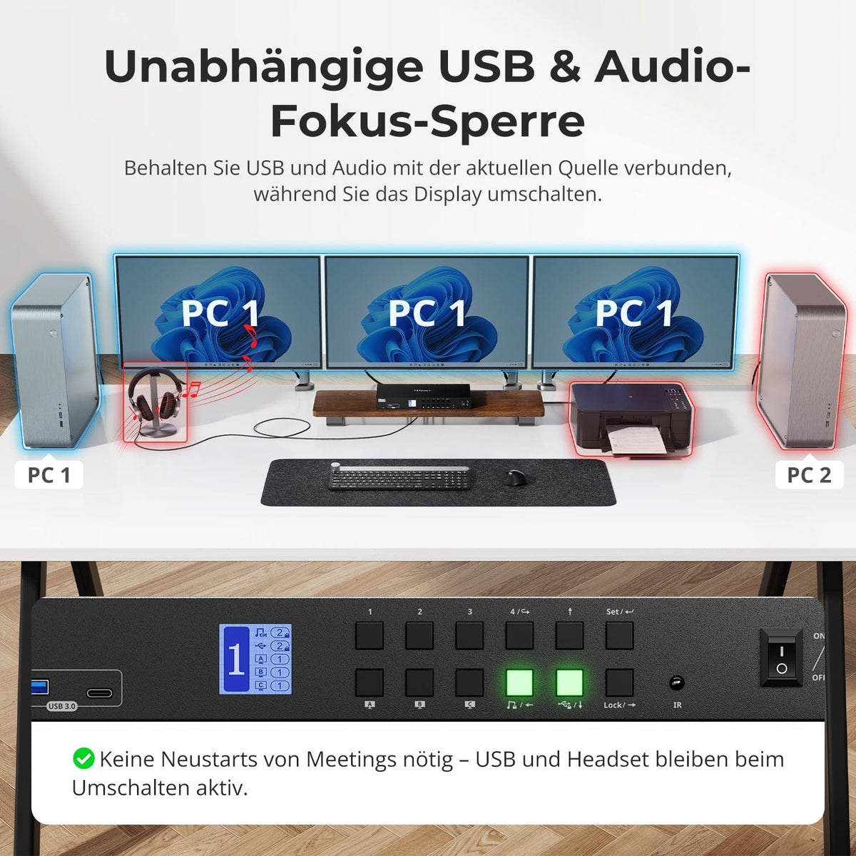 TESmart.DE HDK403-P23-EUBK KVM Switch HDMI 2.0 & DP 1.2 Triple Monitor KVM-Switch 4K60Hz mit USB 3.0 Hub, Headset, Audio & Mikrofon 10652805091133 4-Port USB-C KVM-Switch für 3 Monitore, 4K60Hz, USB 3.0 & Hotkey | TESmart