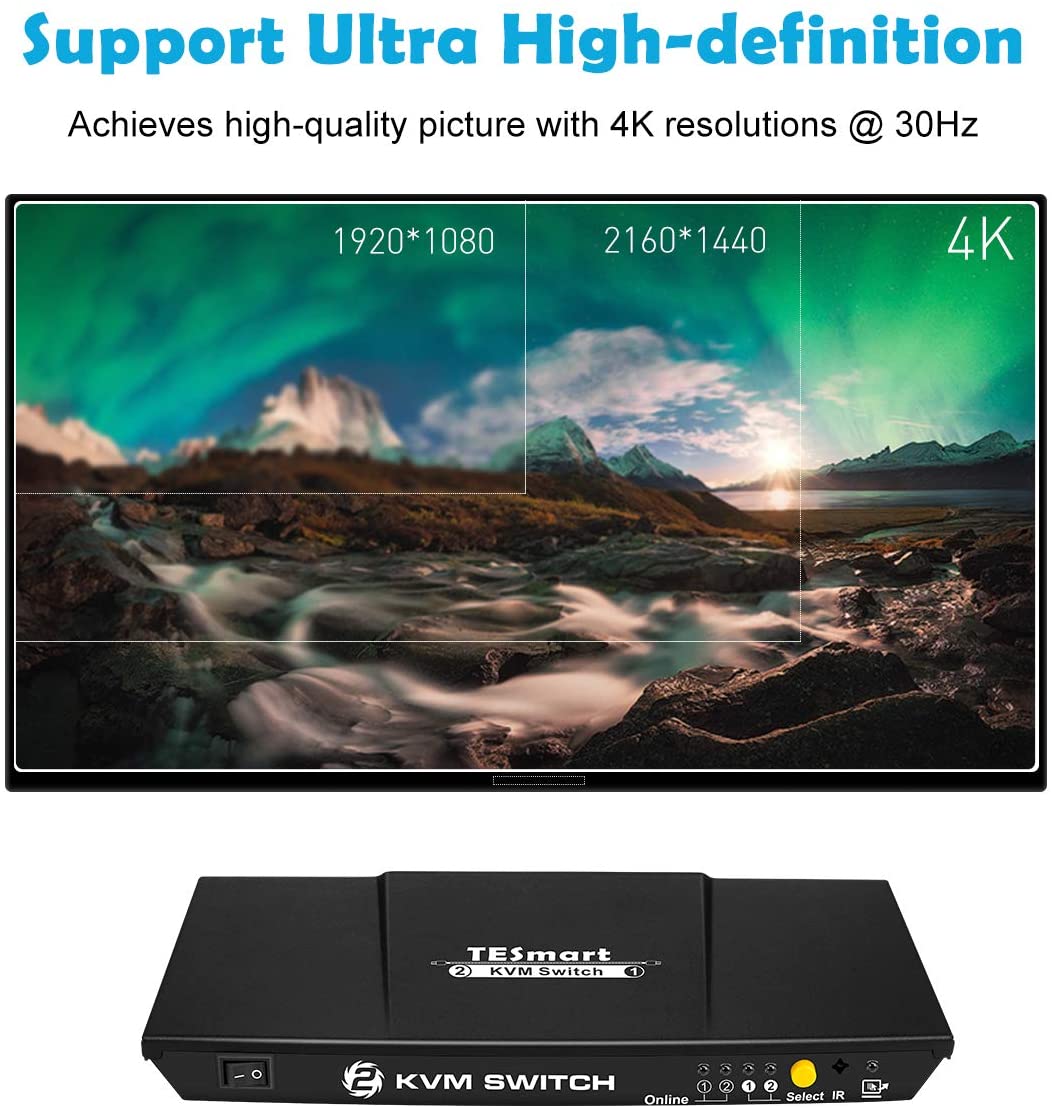 TESmart.DE HDMI KVM Switch TESmart HDMI KVM Switch 2x1 4K@30Hz with 2 Pcs 5ft KVM Cables Supports USB 2.0 Device Control up to 4 Computers/Servers/DVR