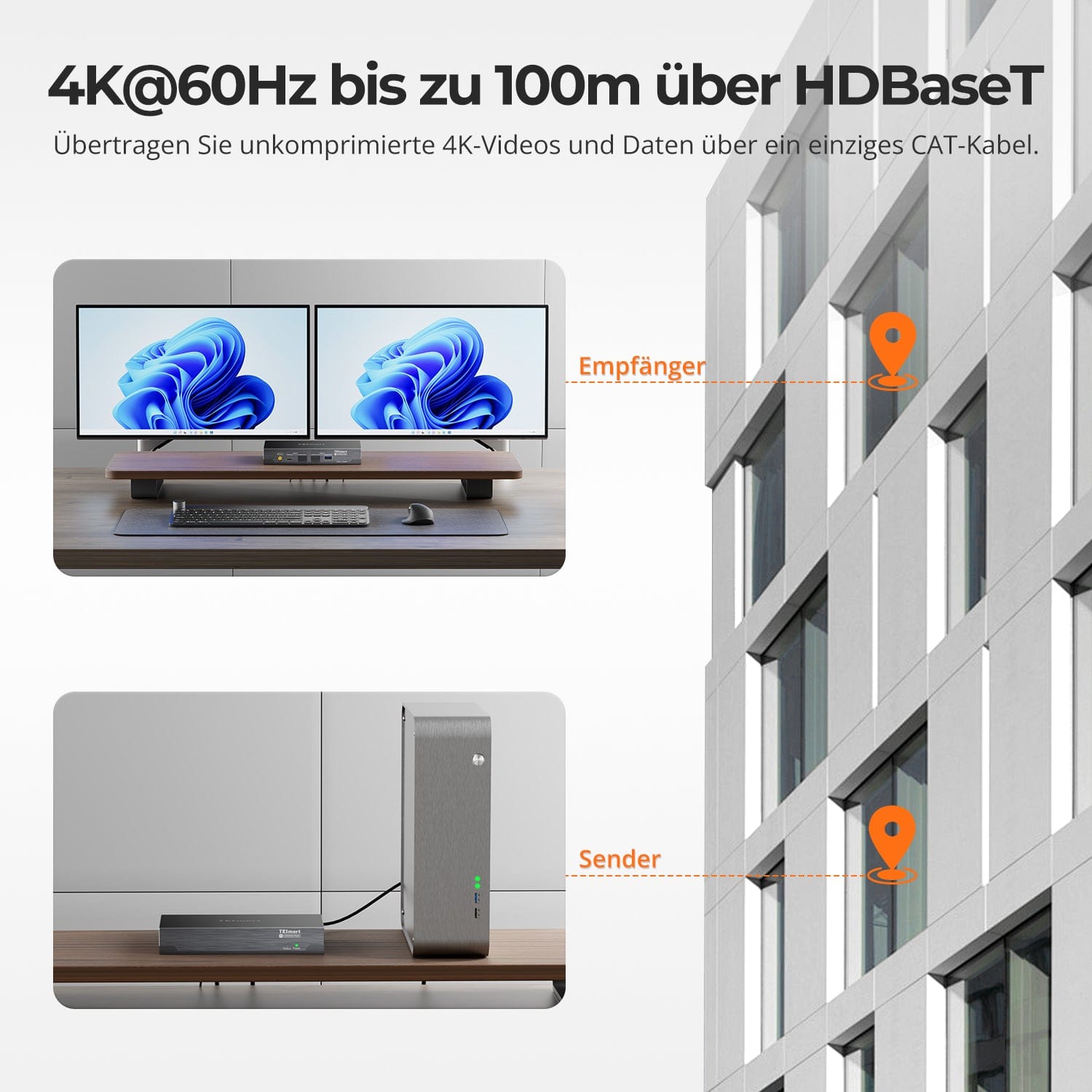 TESmart.DE HKE10SS-PD25-EUBK 100M Dual 4K60 KVM Extender über ein einzelnes Cat6a-Kabel für Remote-Arbeitsplätze & Gaming 10617230232360 100M Dual 4K60 KVM Extender über ein einzelnes Cat6a-Kabel für Remote-Arbeitsplätze & Gaming