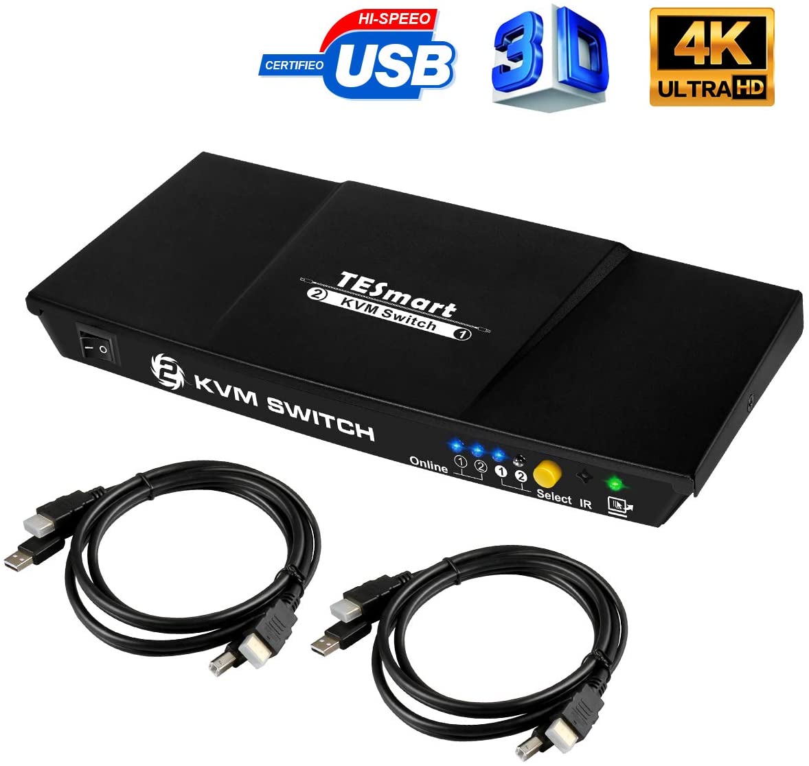 TESmart.DE HKS0201A20-USBK HDMI KVM Switch TESmart HDMI KVM Switch 2x1 4K@30Hz with 2 Pcs 5ft KVM Cables Supports USB 2.0 Device Control up to 4 Computers/Servers/DVR US Plug / Black