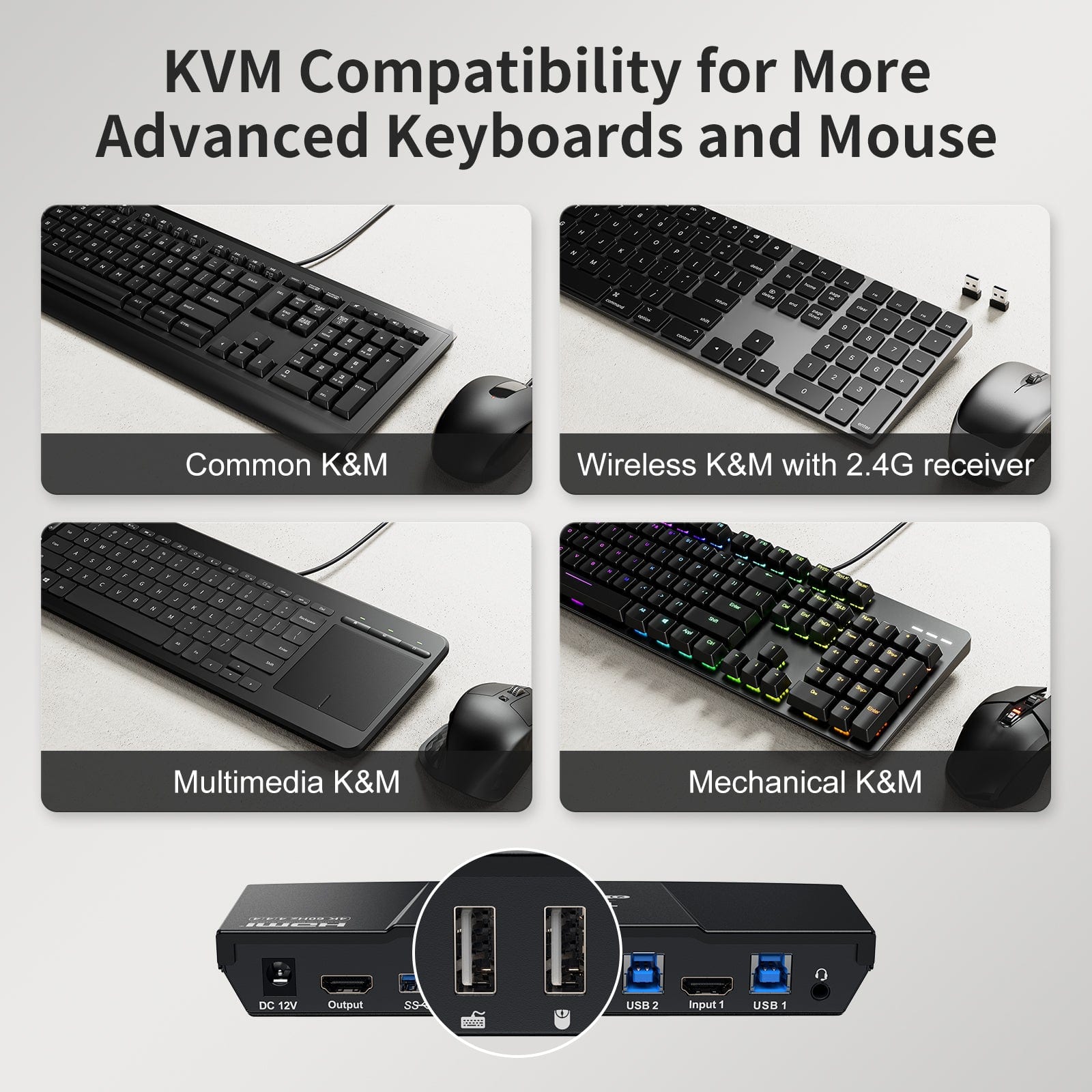 TESmart.DE HKS201-P23-EUBK 2-Port KVM-Switch-Kit HDMI 4K60Hz mit USB 3.0 Dockingstation, 2 PCs 1 Monitor 10652805090440