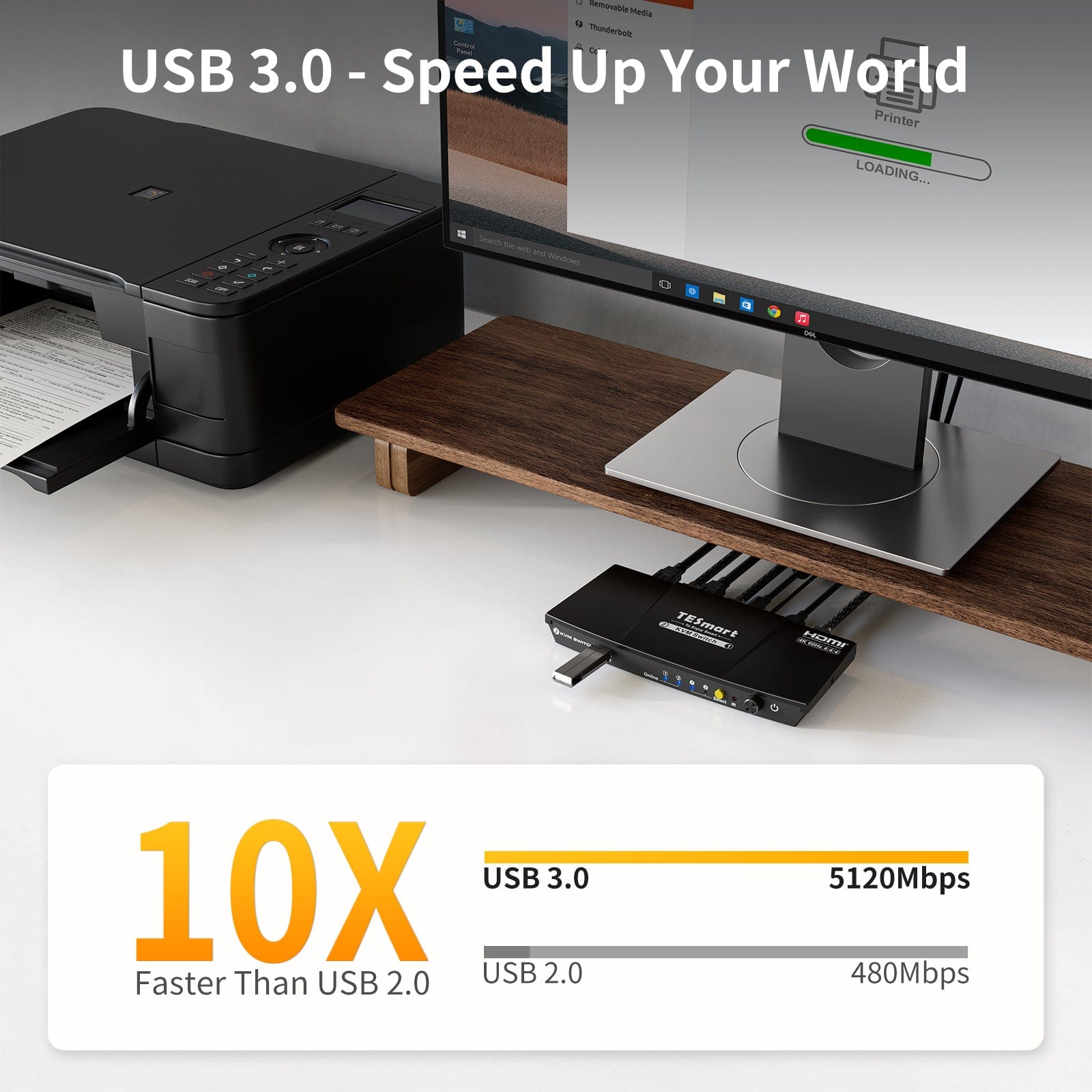 TESmart.DE HKS201-P23-EUBK 2-Port KVM-Switch-Kit HDMI 4K60Hz mit USB 3.0 Dockingstation, 2 PCs 1 Monitor 10652805090440
