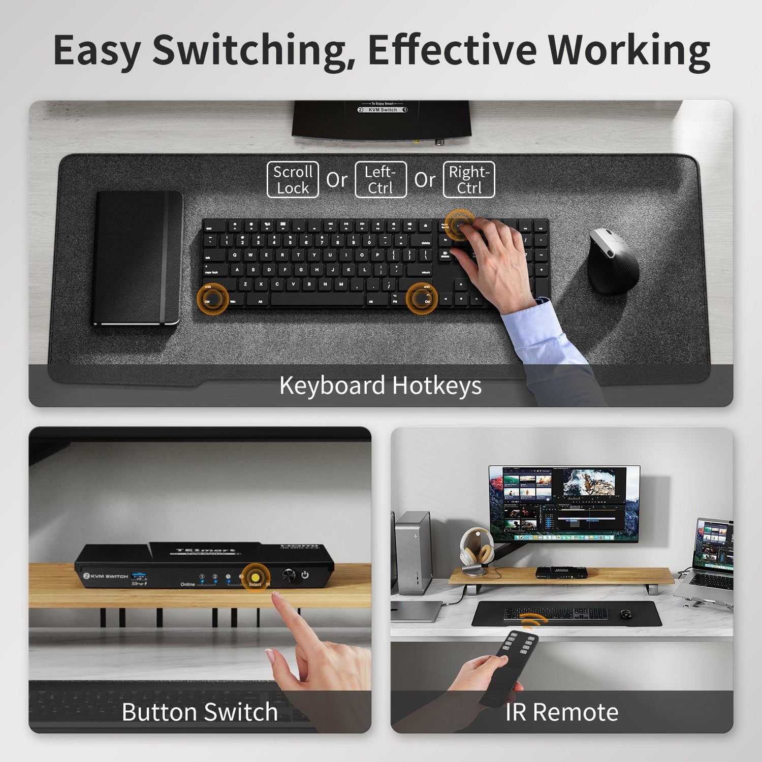 TESmart.DE HKS201-P23-EUBK 2-Port KVM-Switch-Kit HDMI 4K60Hz mit USB 3.0 Dockingstation, 2 PCs 1 Monitor 10652805090440