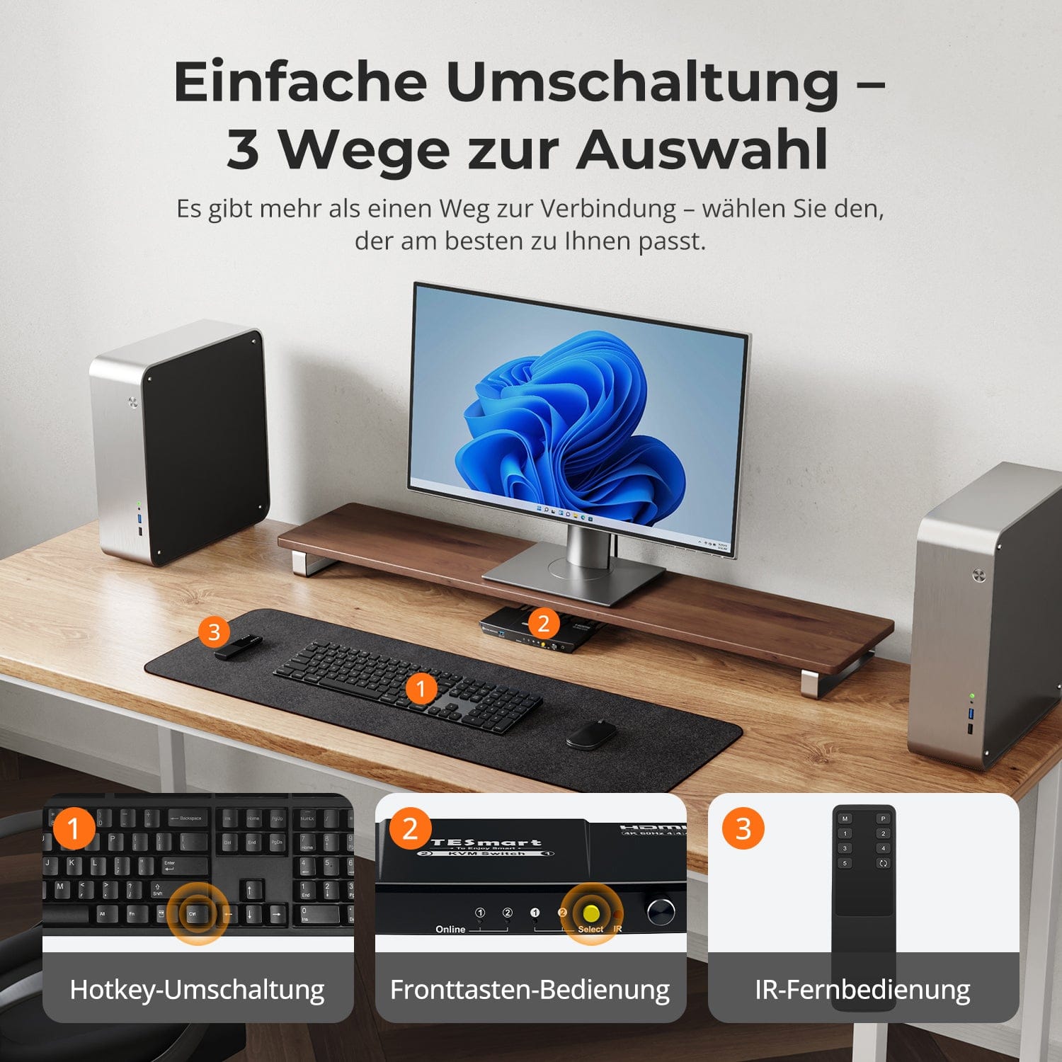TESmart.DE HKS201-P23-EUBK KVM Switch 2-Port KVM-Switch-Kit HDMI 4K60Hz mit USB 3.0 Dockingstation, 2 PCs 1 Monitor 10652805090440 2-Port HDMI KVM-Switch mit USB 3.0 Docking für 1 Monitor | TESmart